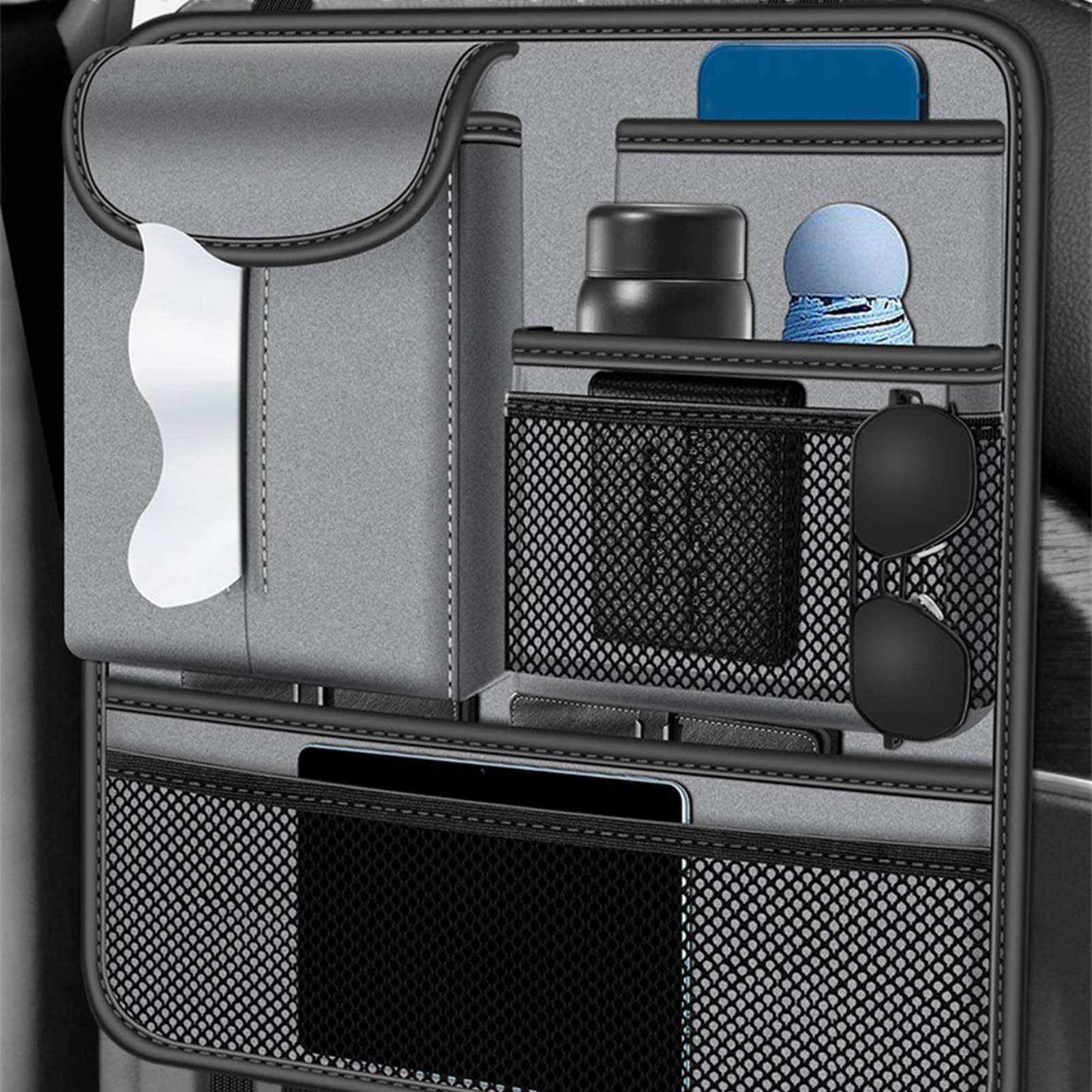Rangee Multifunktionale Autositz-organizer-tasche, Aufbewahrungstasche Für Die Rückenlehne Mit Halterung Für Handy, Geldbörse, Brille, Taschentuchbox, Grau