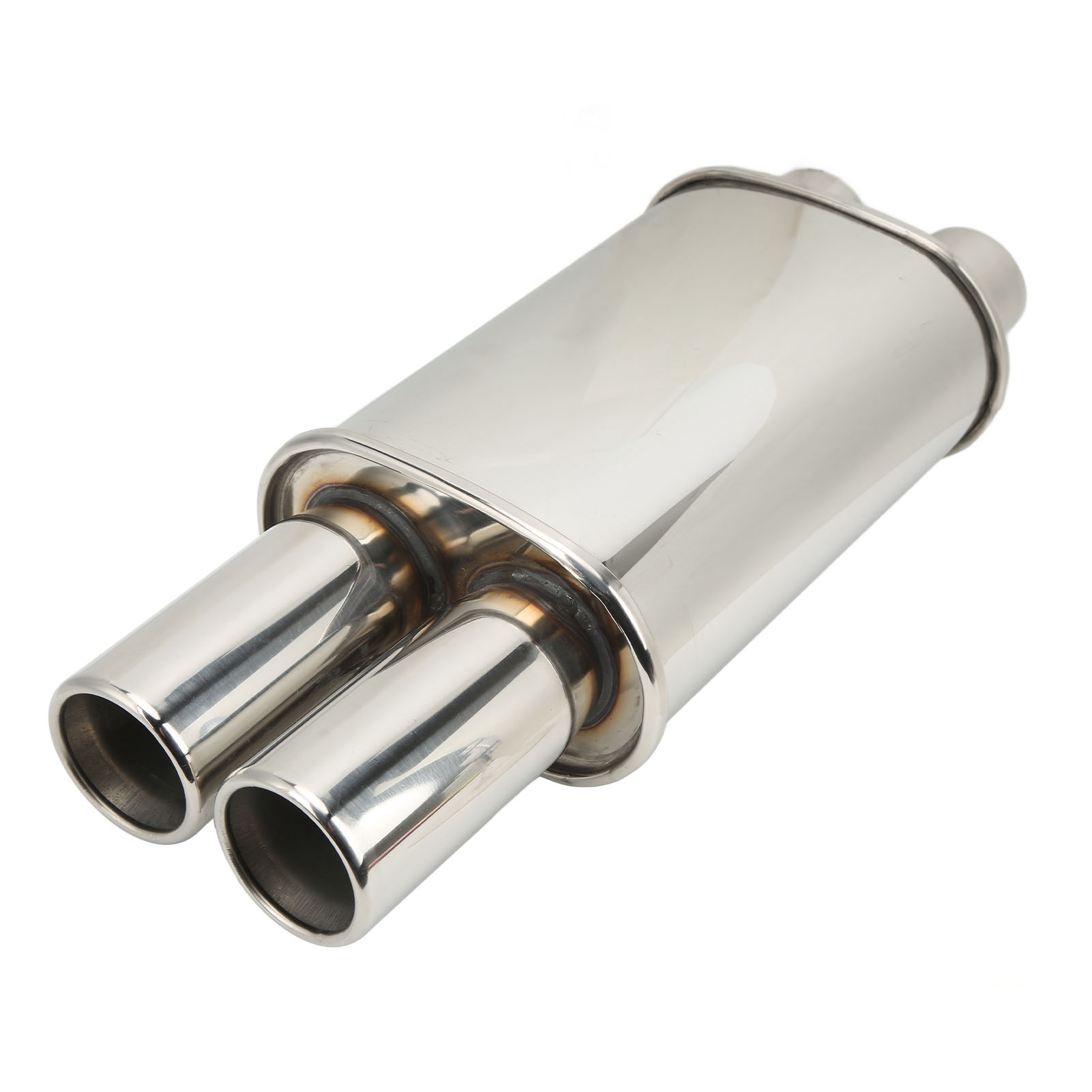 63 Mm/2,5 Zoll Doppel-einlass-oval-mittelauslass-autoauspuffschalldämpfer Aus Poliertem Edelstahl, Universelles Zubehör