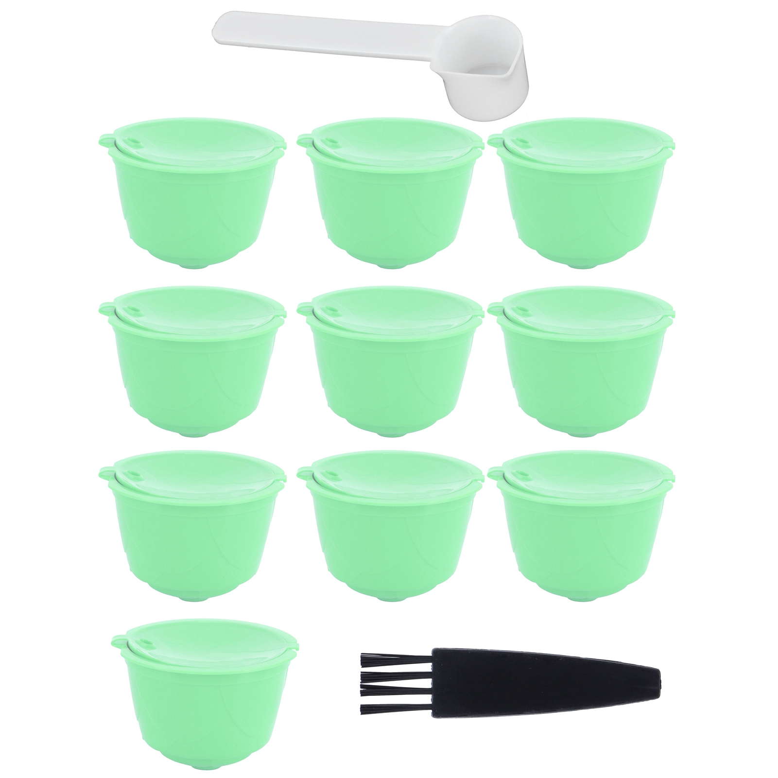 Packung Mit 10 Grünen Edelstahl-filterkapseln Für Dolce Gusto Kaffeemaschinen, Inklusive Löffel Und Bürste.