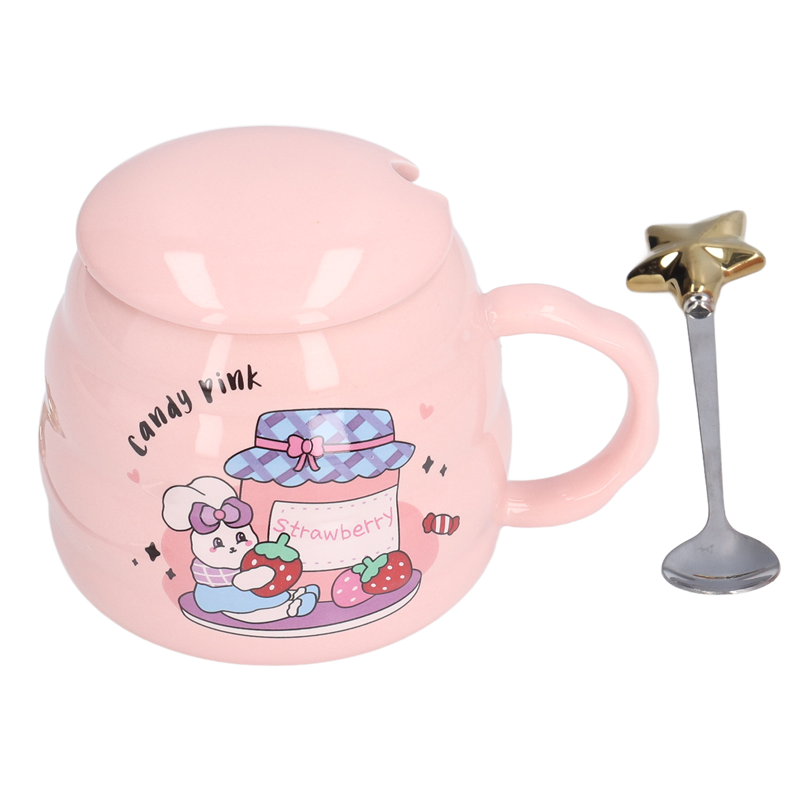 450 Ml Keramik-kaffeebecher, Niedlicher Teebecher Mit Deckel Und Löffel, Erdbeermuster, Für Büro, Zuhause, Feiertage, Als Geschenk