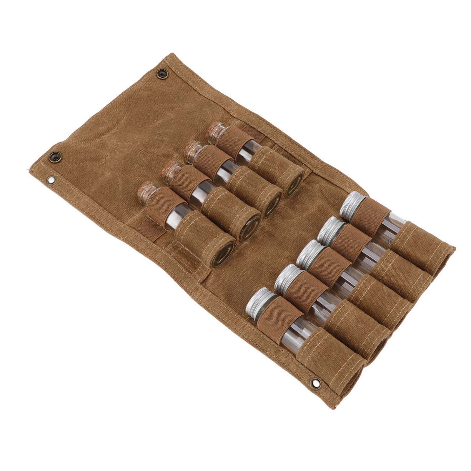 Gewürzbeutel Aus Gewachstem Canvas, Tragbarer Gewürzaufbewahrungsbeutel Mit 9 Glasbehältern, Khakifarben, Ideal Für Camping Und Outdoor-aktivitäten.