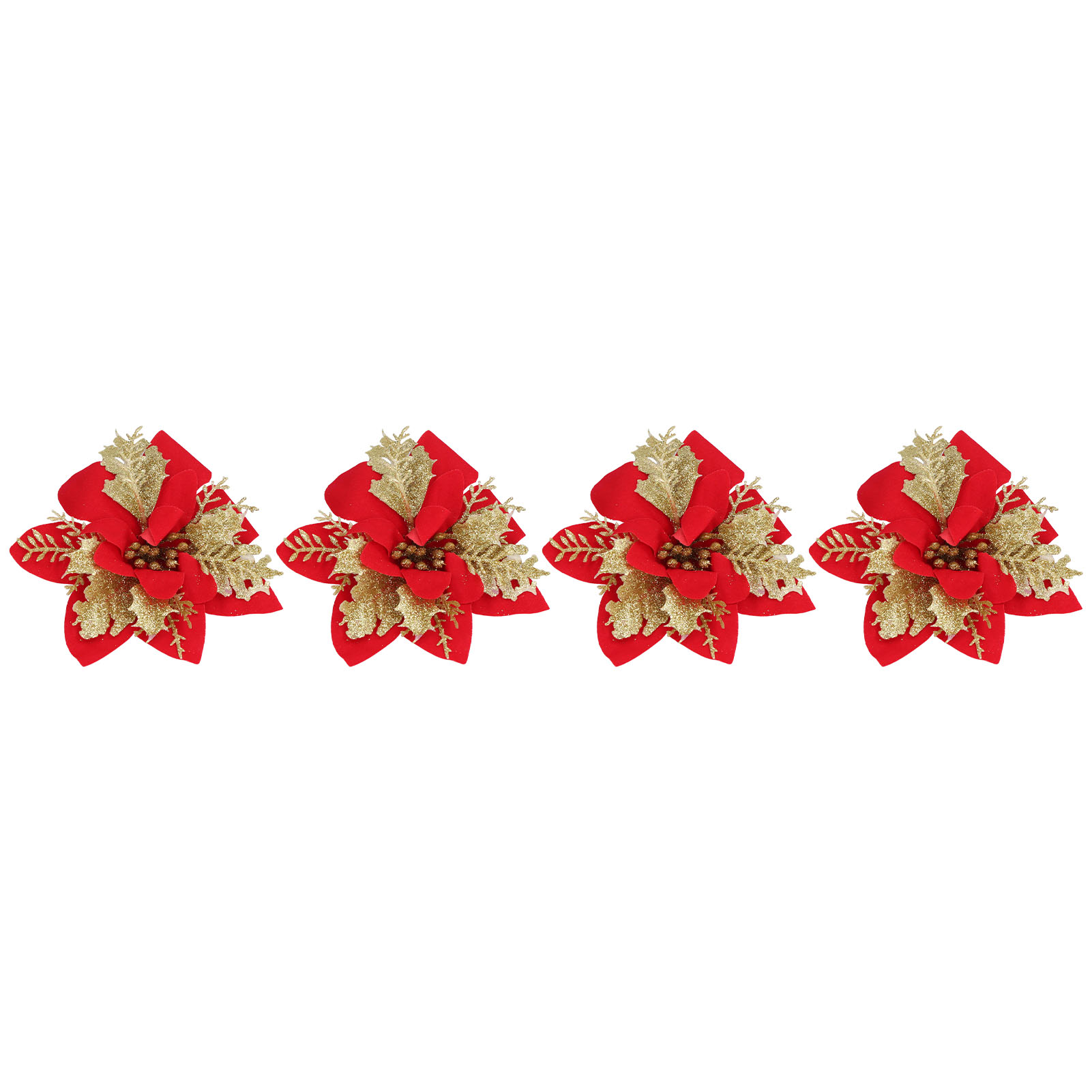 4 Künstliche, Goldrote Weihnachtssternblüten Mit Glitzer Und Goldpuder