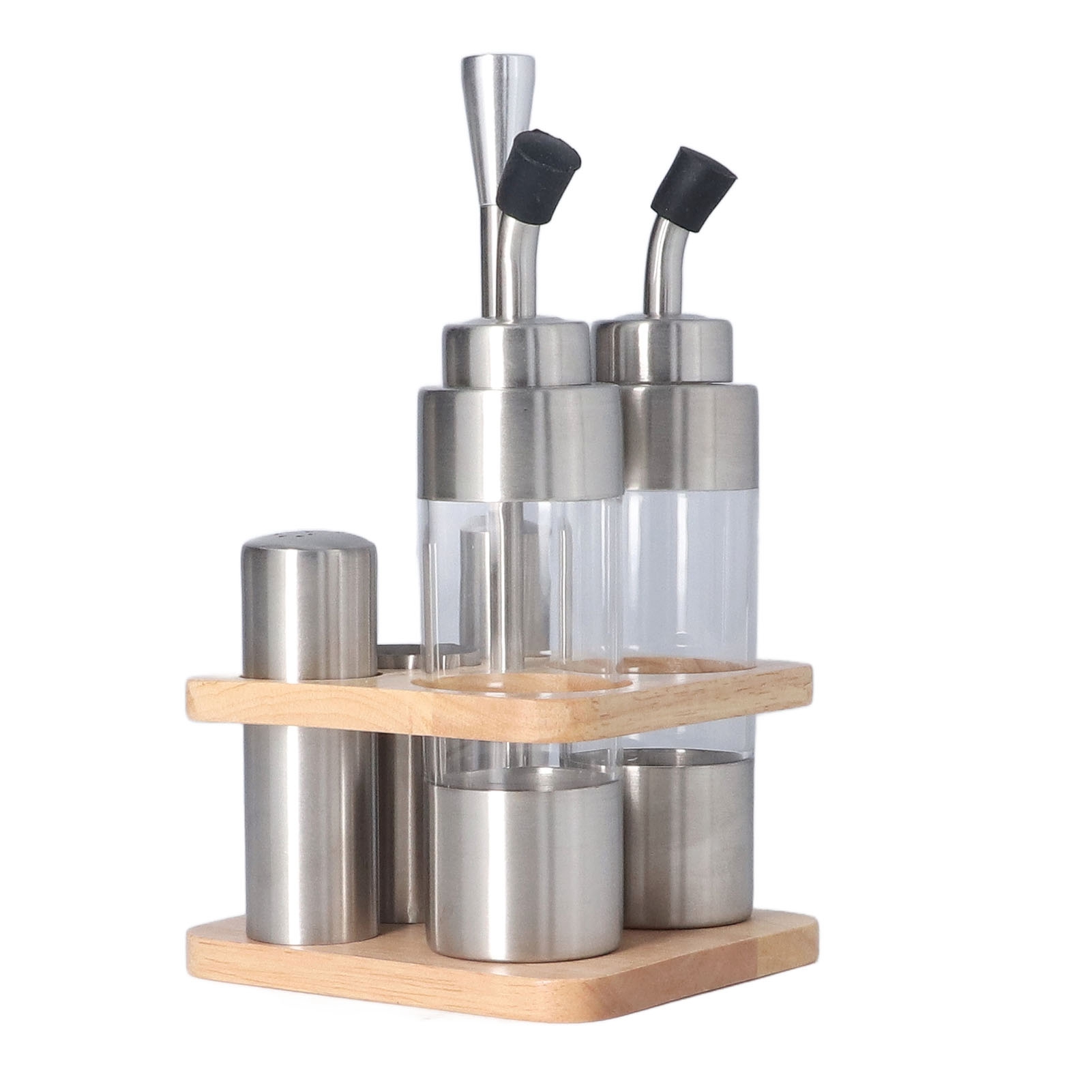 Gewürzflaschen-set Mit Holzständer, Küchentisch-gewürzflaschenhalter Aus Edelstahl 304 Für Öl, Salz, Sojasauce
