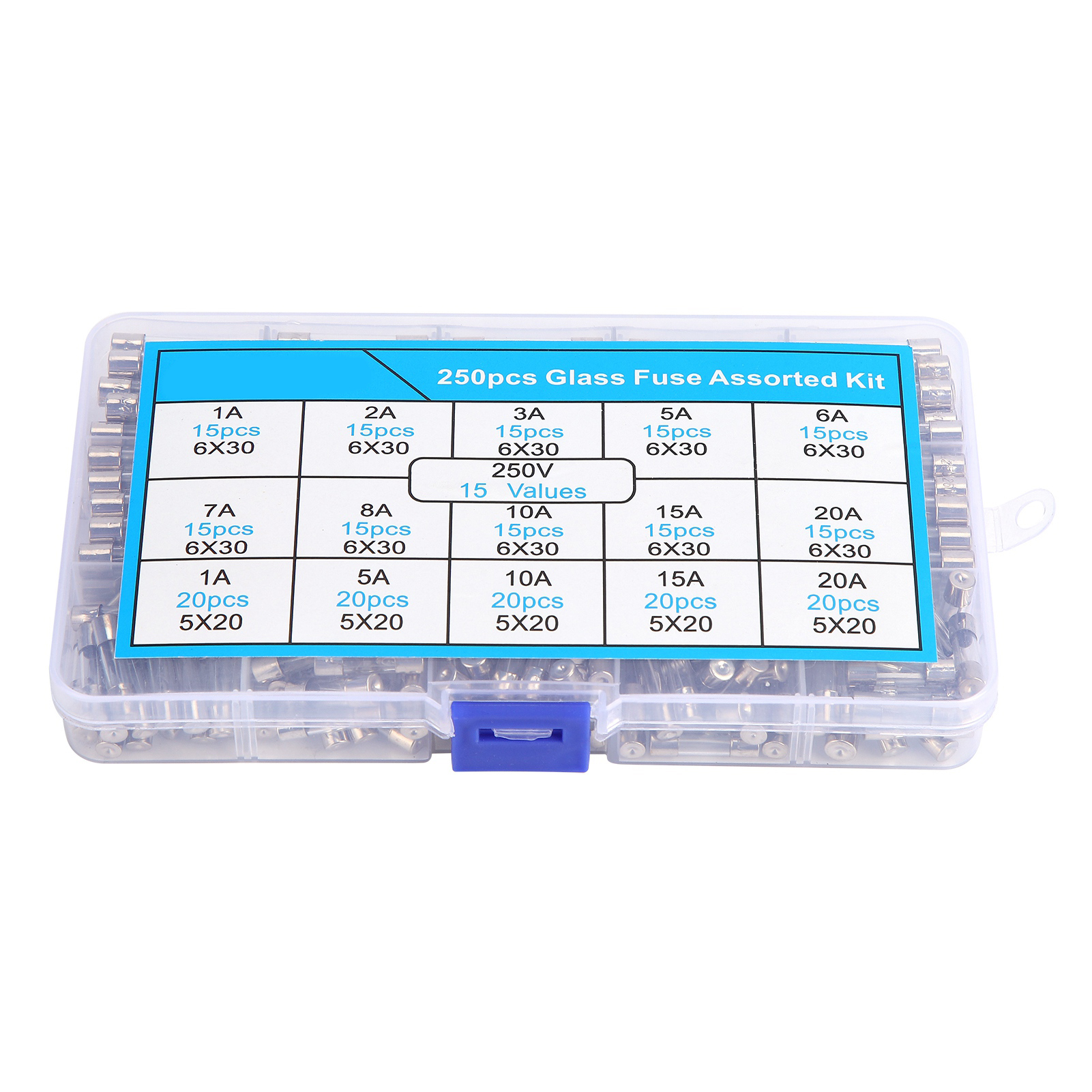 250 Stück Glassicherungen 6x30/5x20 Mm, Isolierend, Hitzebeständig, Flammhemmend, Sortimentsset 1–20 A 250 V