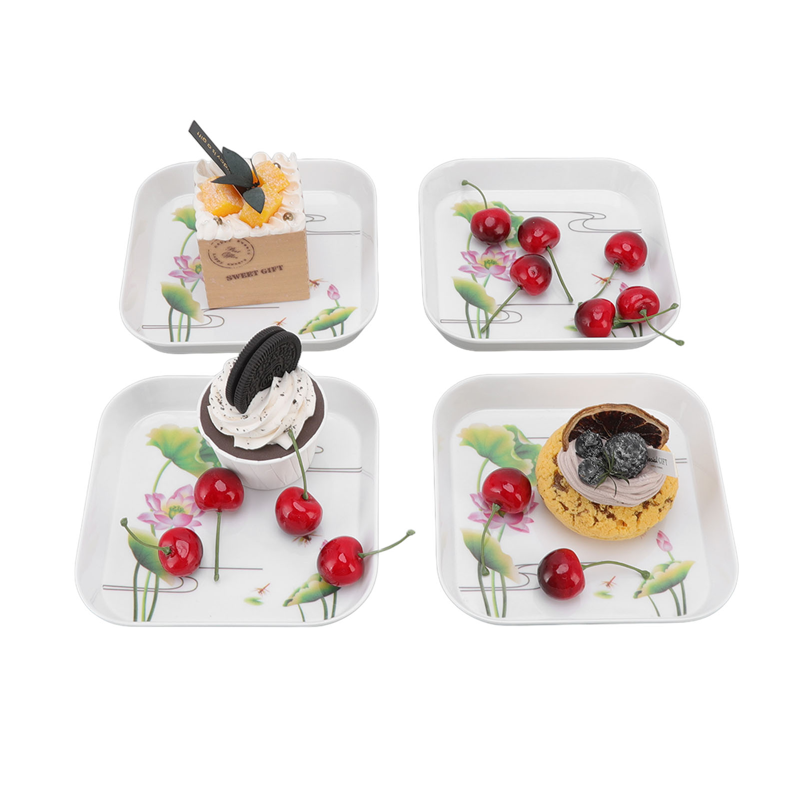 4-teiliges Set Multifunktionaler Obst- Und Dessertteller Für Zuhause, Schule Und Restaurant. Aufbewahrungsschale, Bratpfanne, Lotusmuster.