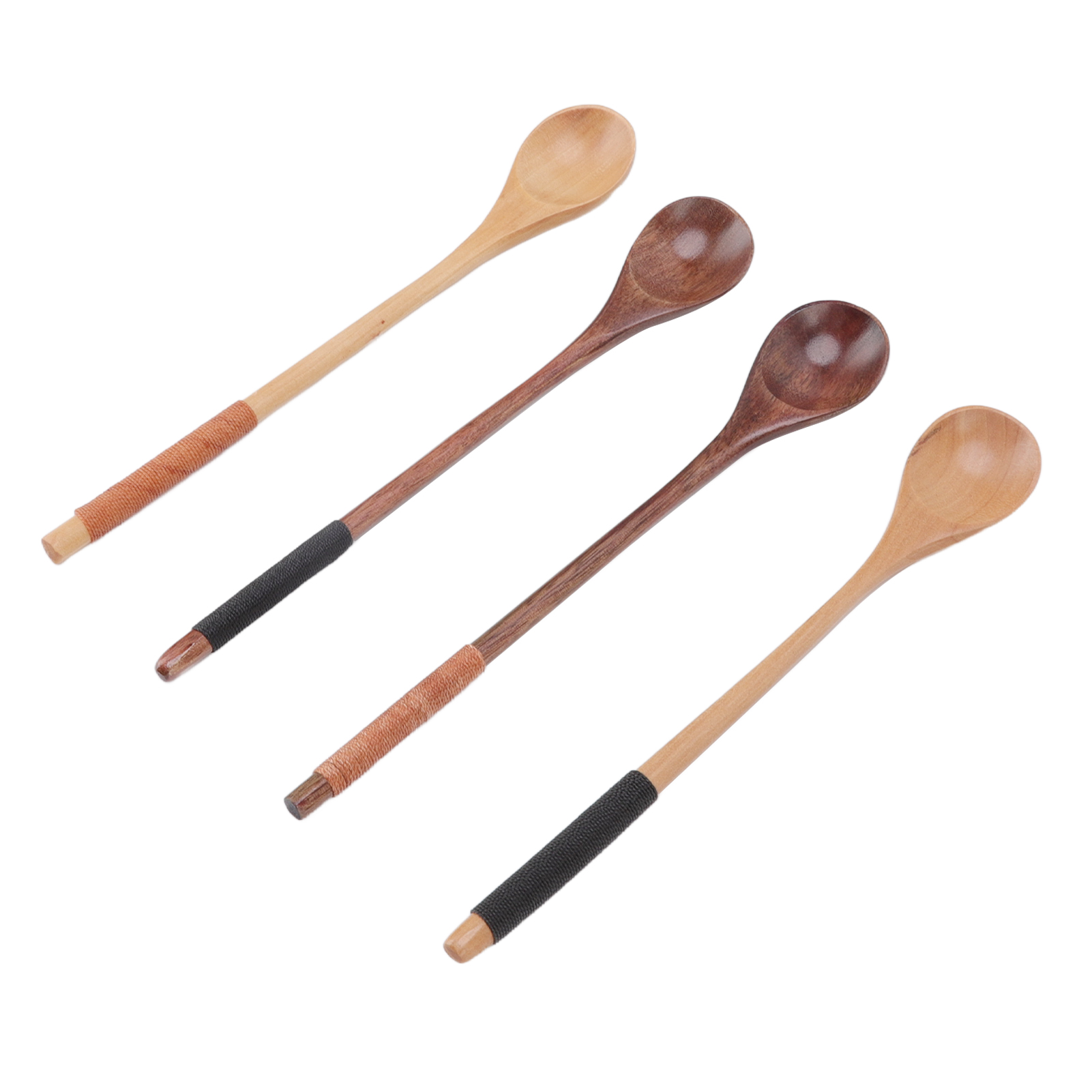 Set Aus 4 Langstieligen Holzlöffeln Zum Mischen Von Kaffee Und Honig, Backen Und Servieren. Küchen- Und Bastelutensilien.