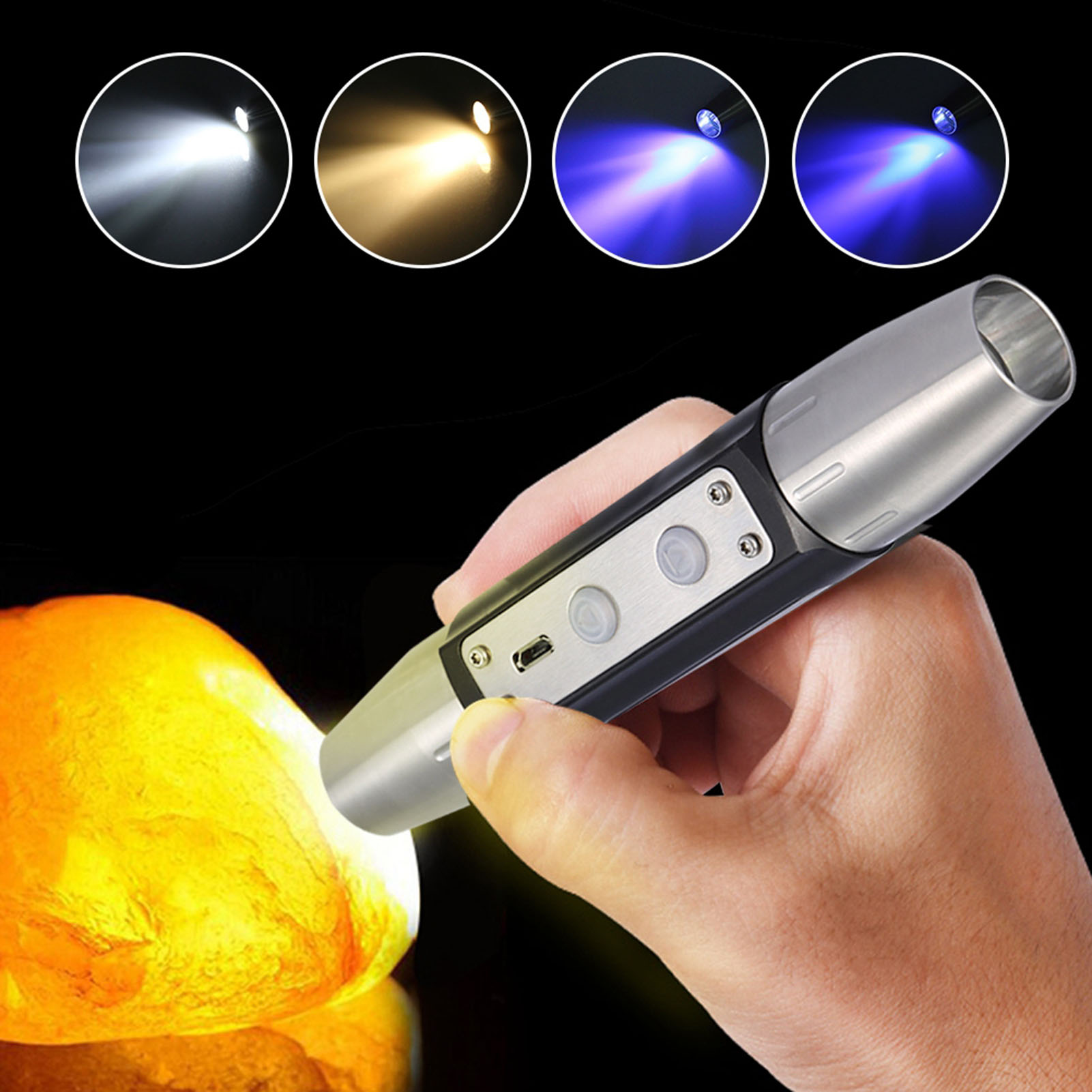 Dx4 Usb-wiederaufladbare Led-taschenlampe Mit 4 Jade-expertenlichtern, Hell Genug Für Die Schmuck- Und Edelsteinbewertung.