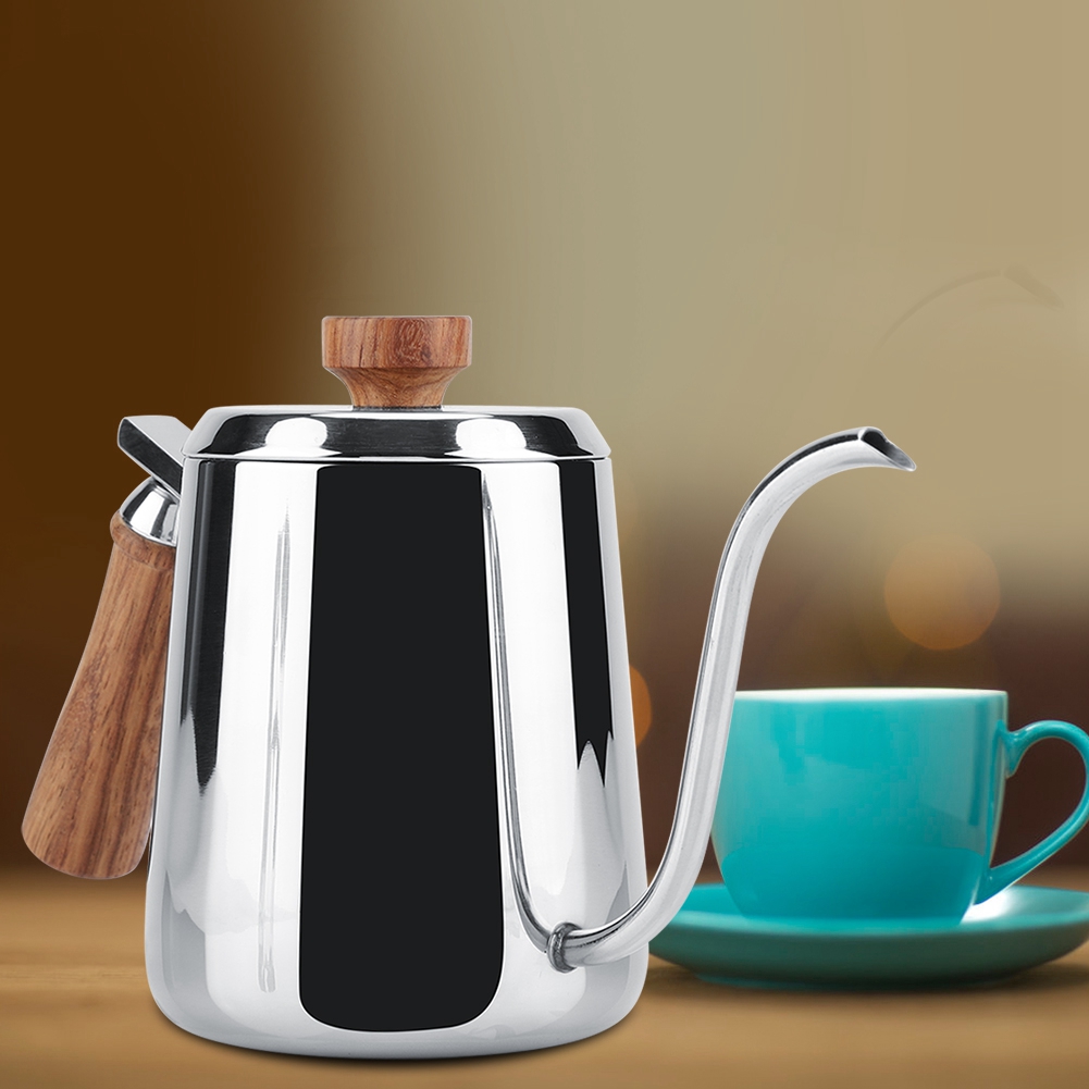 Tropfkaffeekessel Aus Edelstahl 304, Schwanenhalsausguss, Holzgriff, 600 Ml, Ideal Für Langsames Und Präzises Aufbrühen.