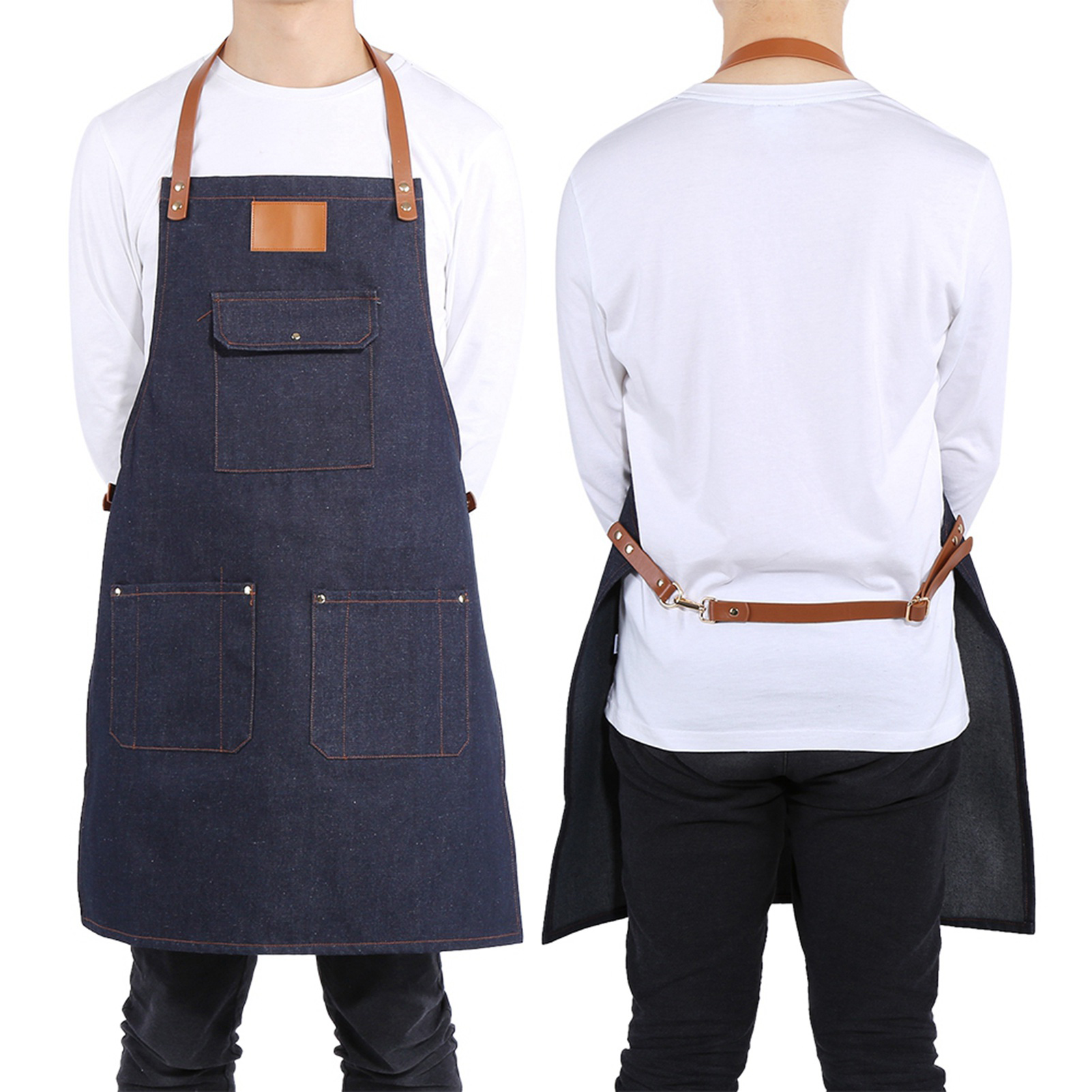 Jeansschürze Mit Lederriemen, Geeignet Für Köche, Barkeeper, Grillmeister Und Mehr. Robuste Und Professionelle Arbeitsschürze.