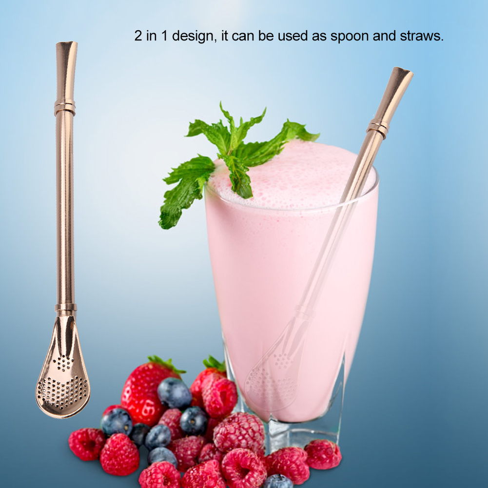 Edelstahl-trinklöffel Mit Strohhalm, Roségoldene Oberfläche, Wiederverwendbar Und Abwaschbar, Inklusive Rührlöffel Und Mixlöffel, Trinkbesteck-set