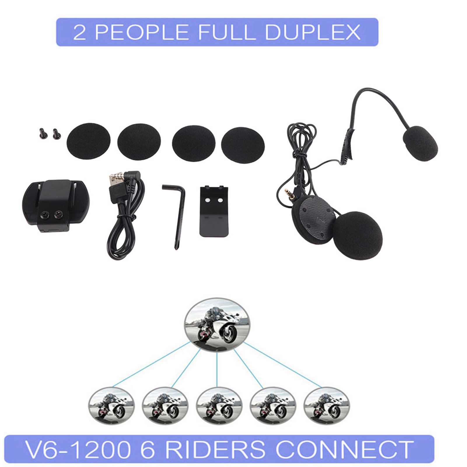 Motorradhelm V6-1200 Drahtloses Bluetooth-intercom, Freisprech-headset-set Für 6 Fahrer, Integrierter Ohrhörer