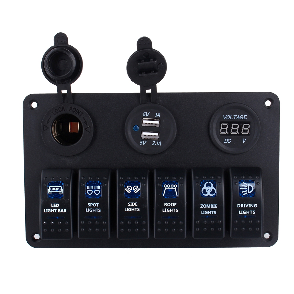 6-wege-led-schalterpanel Für Auto/boot Mit Usb-anschluss, Zigarettenanzünderbuchse Und Voltmeter