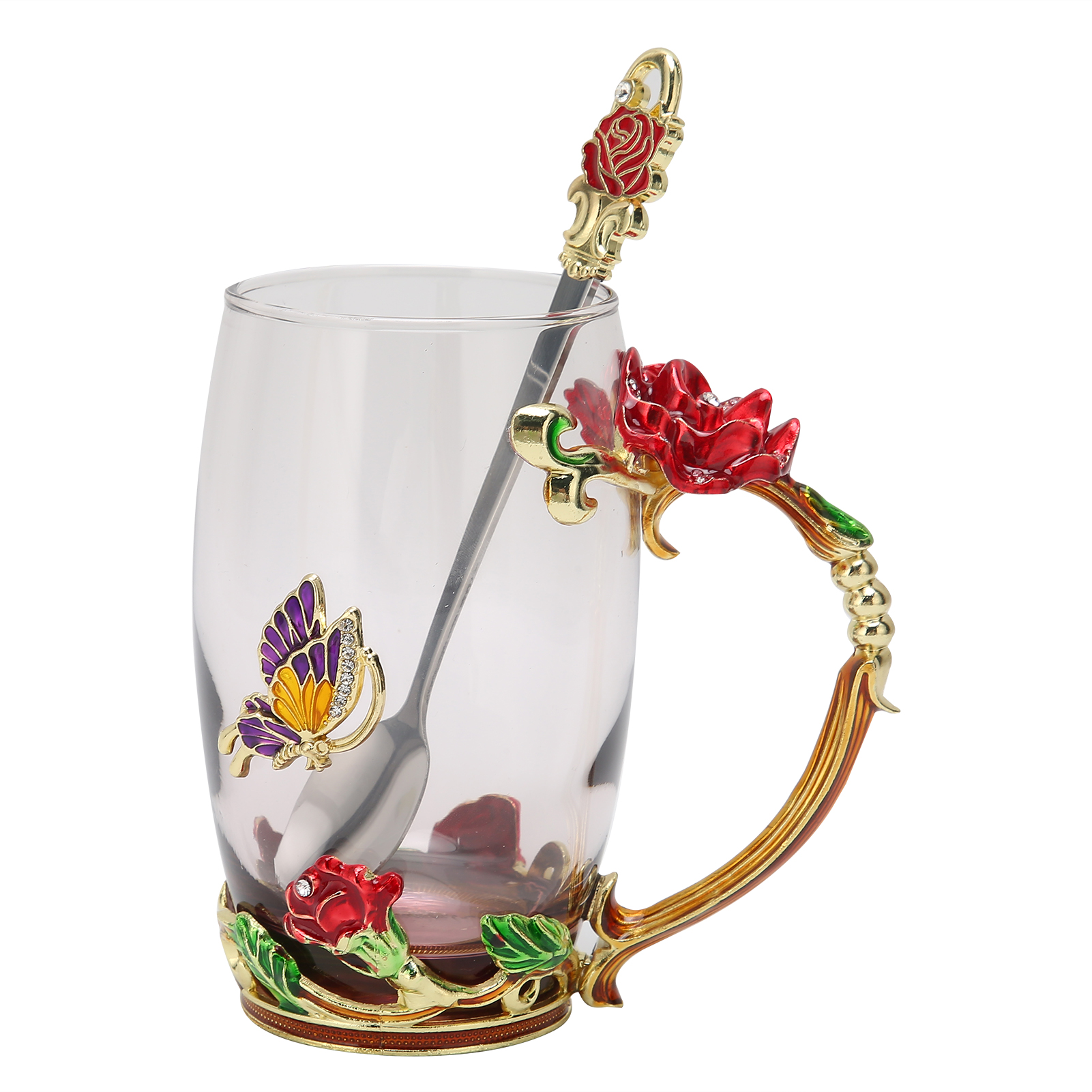 Handgefertigte, Emaillierte Teetasse Mit Blumenmuster, Hitzebeständiger Kaffeebecher Mit Löffel Und Tuch, Rote Rose, 350 Ml, Für Geburtstage Und Partys
