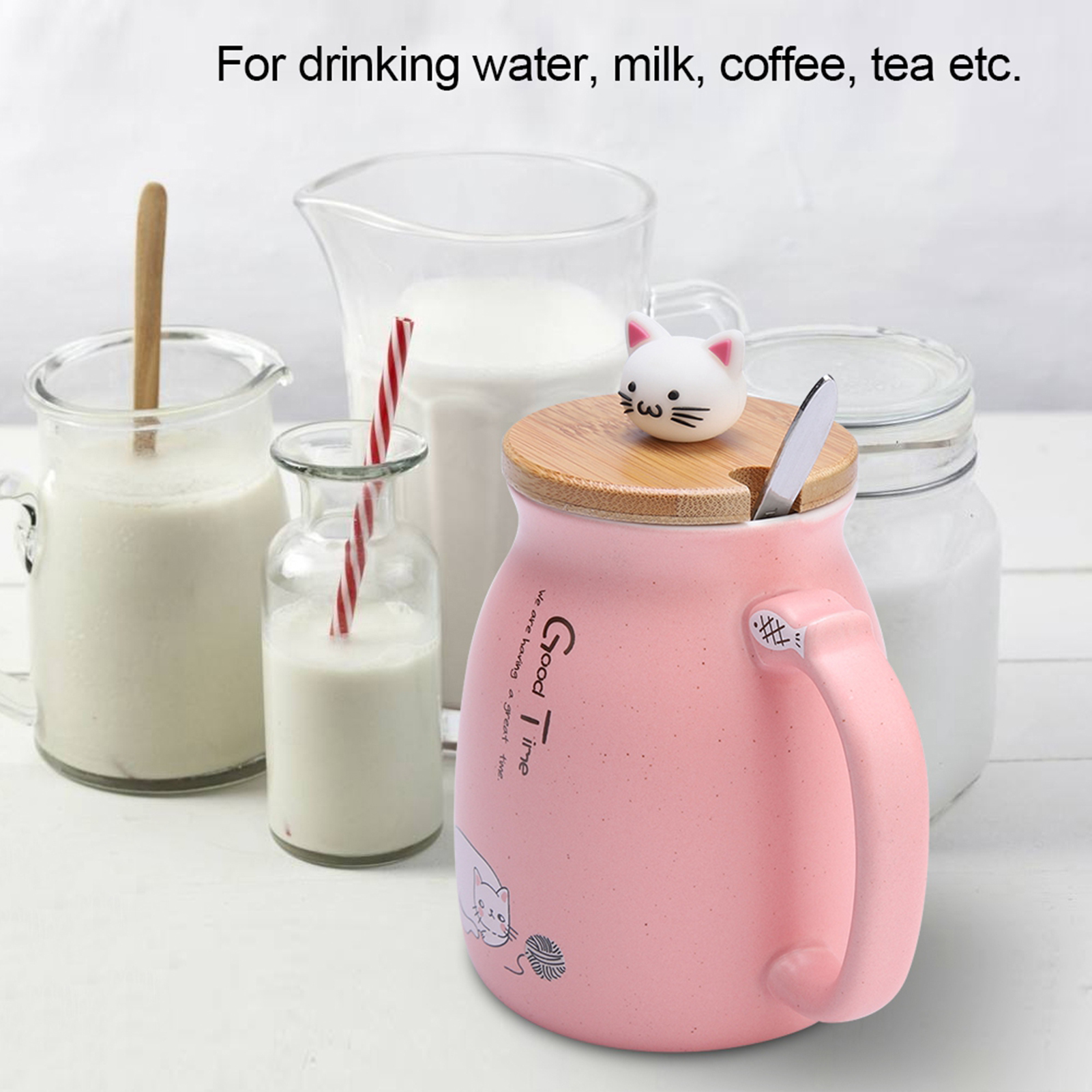 Niedlicher Keramikbecher Mit Katzenmotiv, Inklusive Löffel Und Deckel, Geeignet Für Kaffee, Milch Und Wasser, Rosa Geschenkbecher, 1 Stück