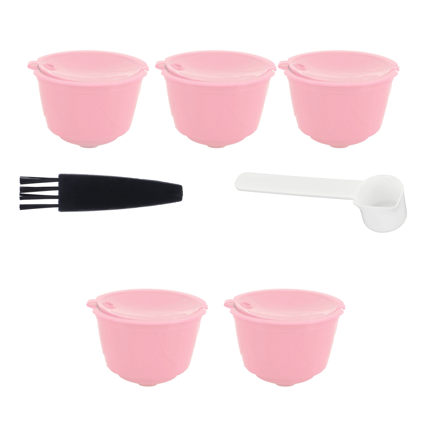 Packung Mit 5 Wiederverwendbaren Kapseln Für Dolce Gusto, Rosa Nachfüllbarer Kaffeefilter Mit Löffel Und Reinigungsbürste.