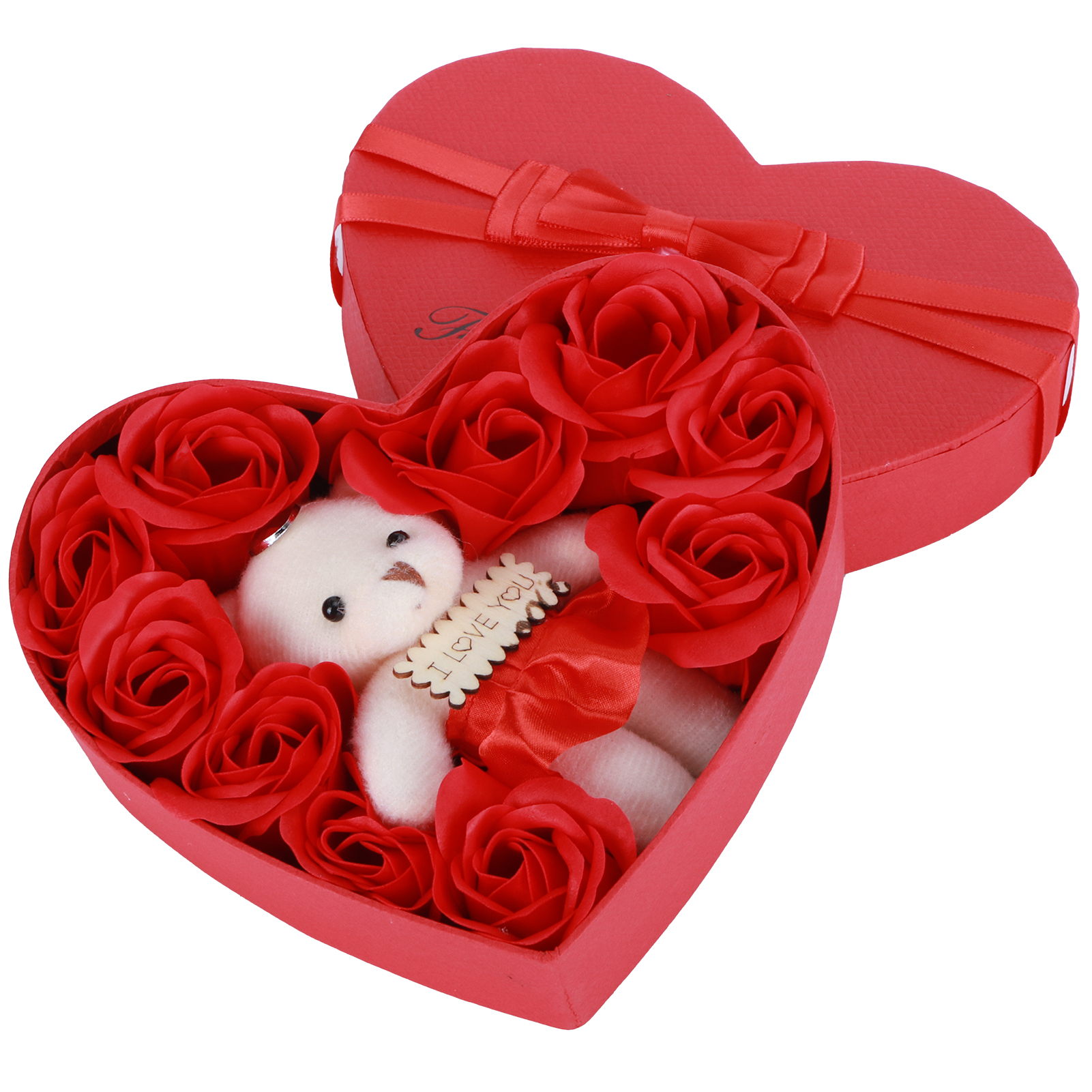 Geschenkbox Mit Teddybär, Künstlichen Rosen Und Seifenblumen, Rot, Für Geburtstage Und Valentinstag