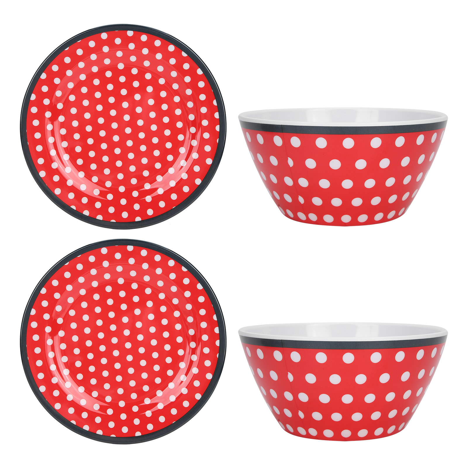 Set Aus 4 Salattellern Mit Rotem Erbsenmuster, Porzellanimitat, Obst-, Kuchen-, Speise- Und Küchenteller