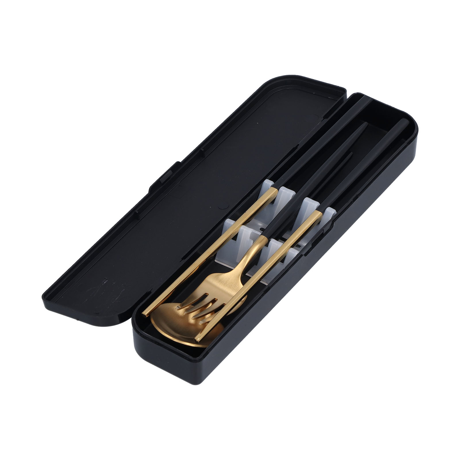 3-teiliges Set Tragbares Reisebesteck Aus Edelstahl, Löffel, Gabel, Essstäbchen, Set Für Die Schule, Schwarz/gold (schwarze Aufbewahrungsbox)