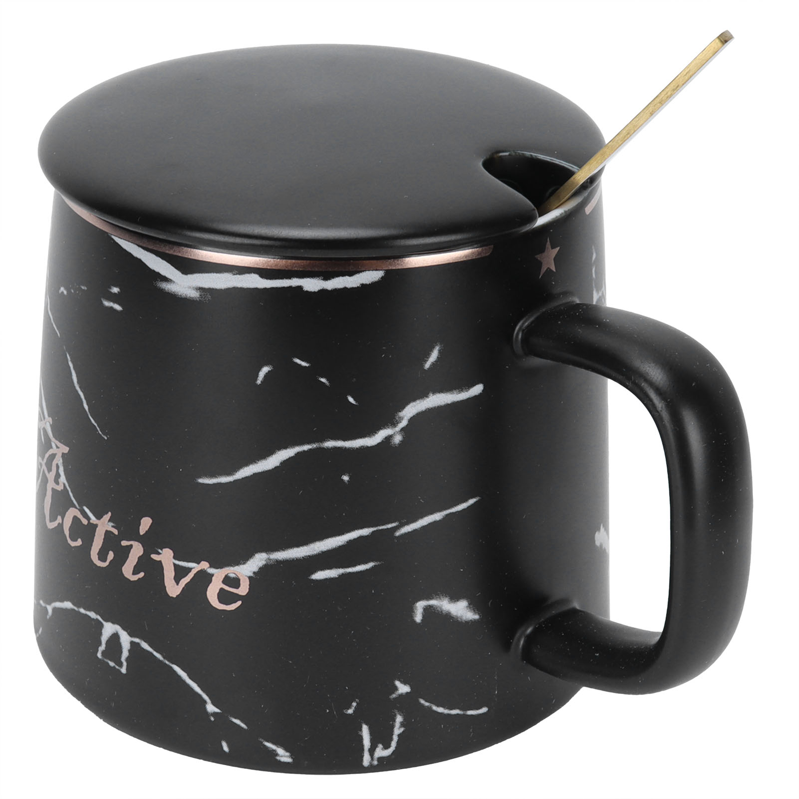 Keramikbecher Mit Marmormuster, Origineller Becher Mit Löffel Und Deckel, Schwarz, Für Zuhause, Reisen, Büro Und Outdoor