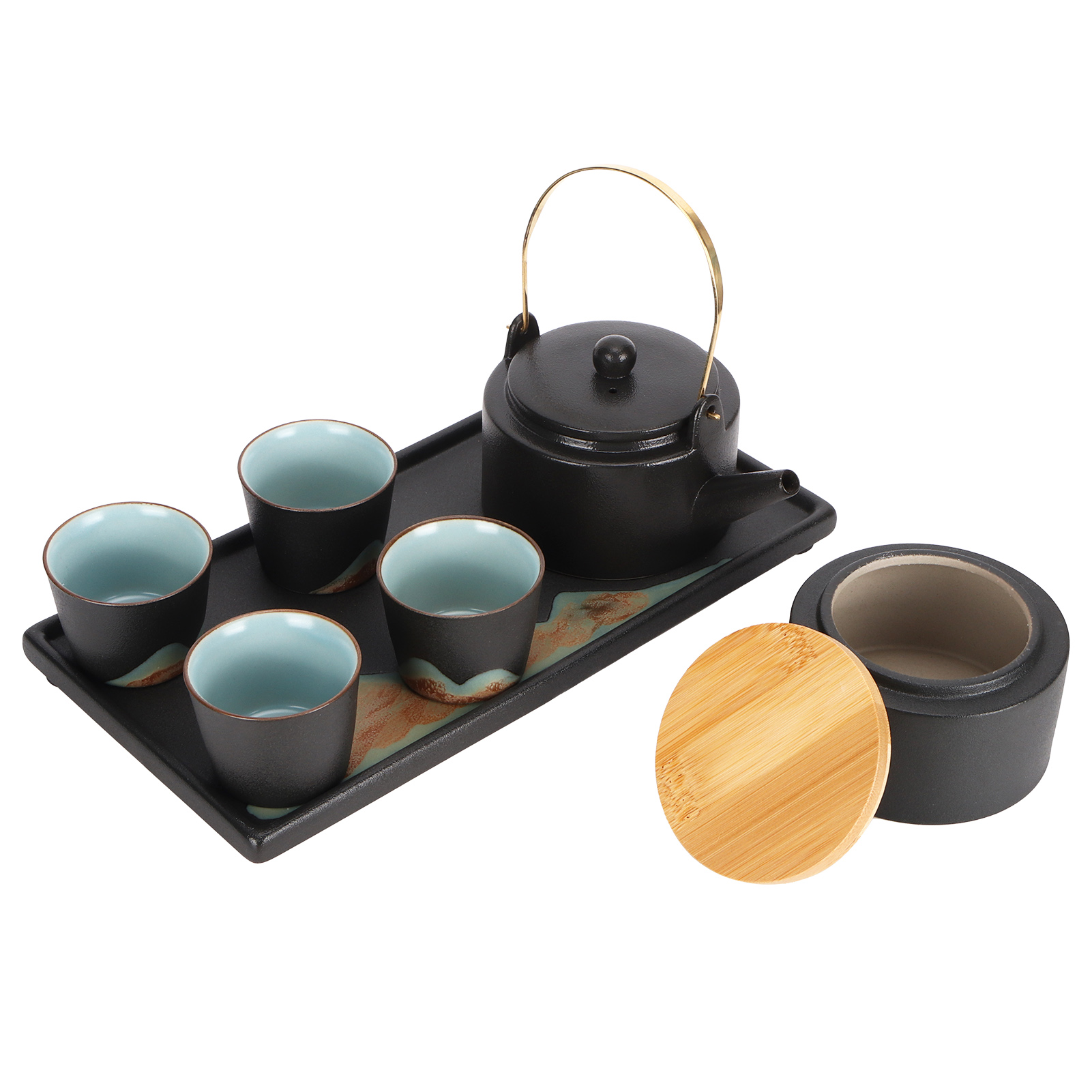 Japanisches Kung-fu-teeservice Aus Schwarzer Keramik, Teekanne, Tassen, Tablett, Zeremonien-set