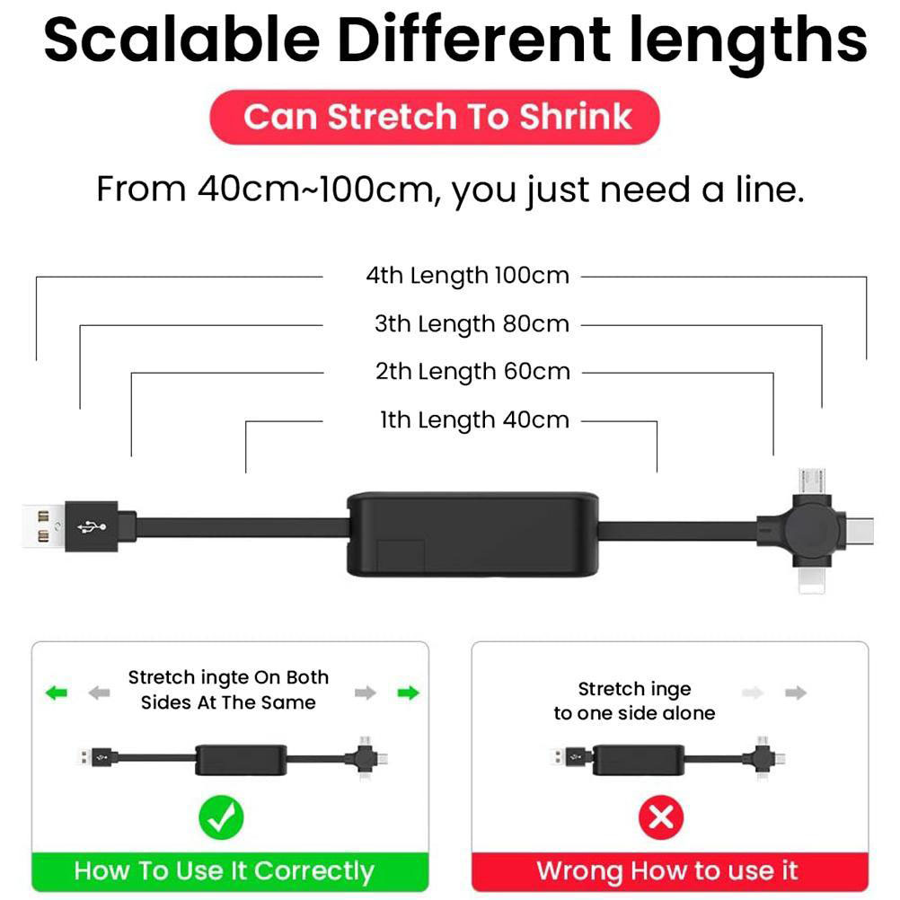 3-in-1-ladekabel Mit Einzugsmechanismus Und Handyhalterung, Schnelllade-usb, Kompatibel Mit Smartphones Und Tablets, Mit Schutzhülle, Schwarz, Universalladegerät