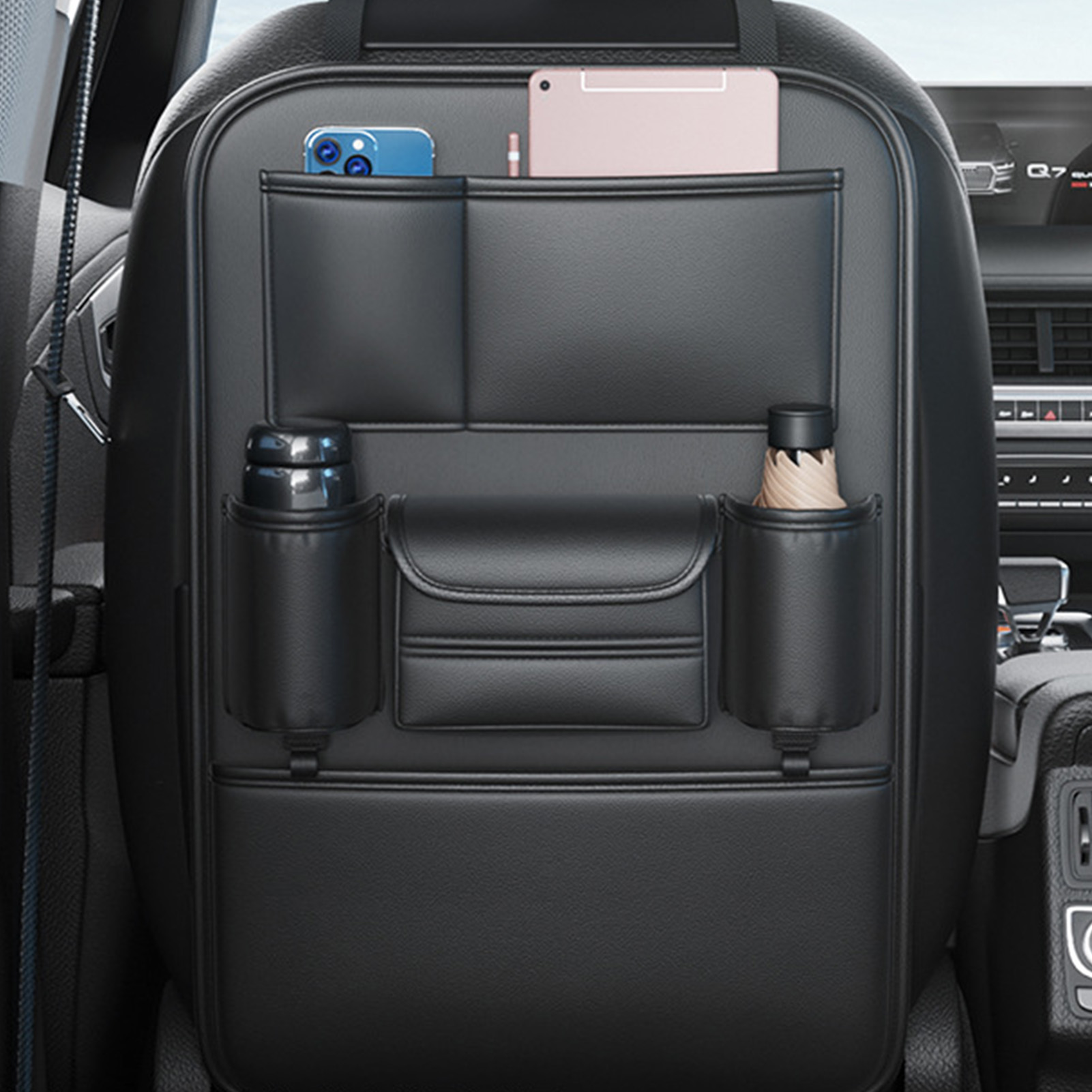Multifunktionale Auto-rücksitz-organizer-tasche Aus Pu-leder, Rückenlehnenschutz Mit Anti-schub-matte, Platzsparend, Mit Schutztasche Für Den Innenraum