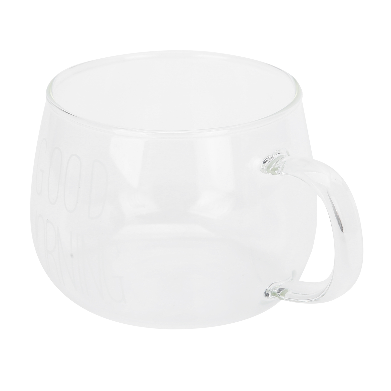Kaffeetasse Aus Transparentem Borosilikatglas Mit Henkel Für Milchtee, Cocktails Und Andere Getränke. Weißes Etikett.