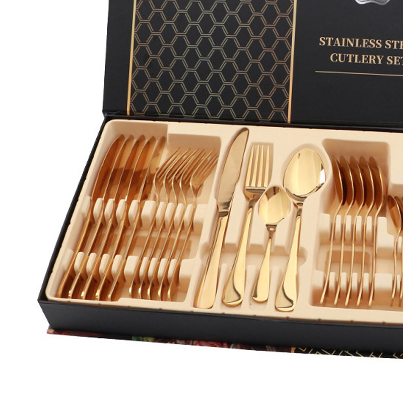 Edelstahl-besteckset, Glänzend, 24-teilig, Steakmesser, Gabel, Löffel, Goldfarben