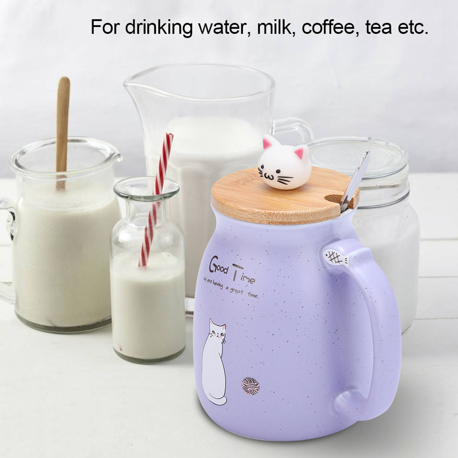 Niedlicher Keramikbecher Mit Katzenmotiv, Inklusive Löffel Und Deckel. Geeignet Für Kaffee, Wasser, Milch Und Als Geschenk. Lila, 1 Stück.