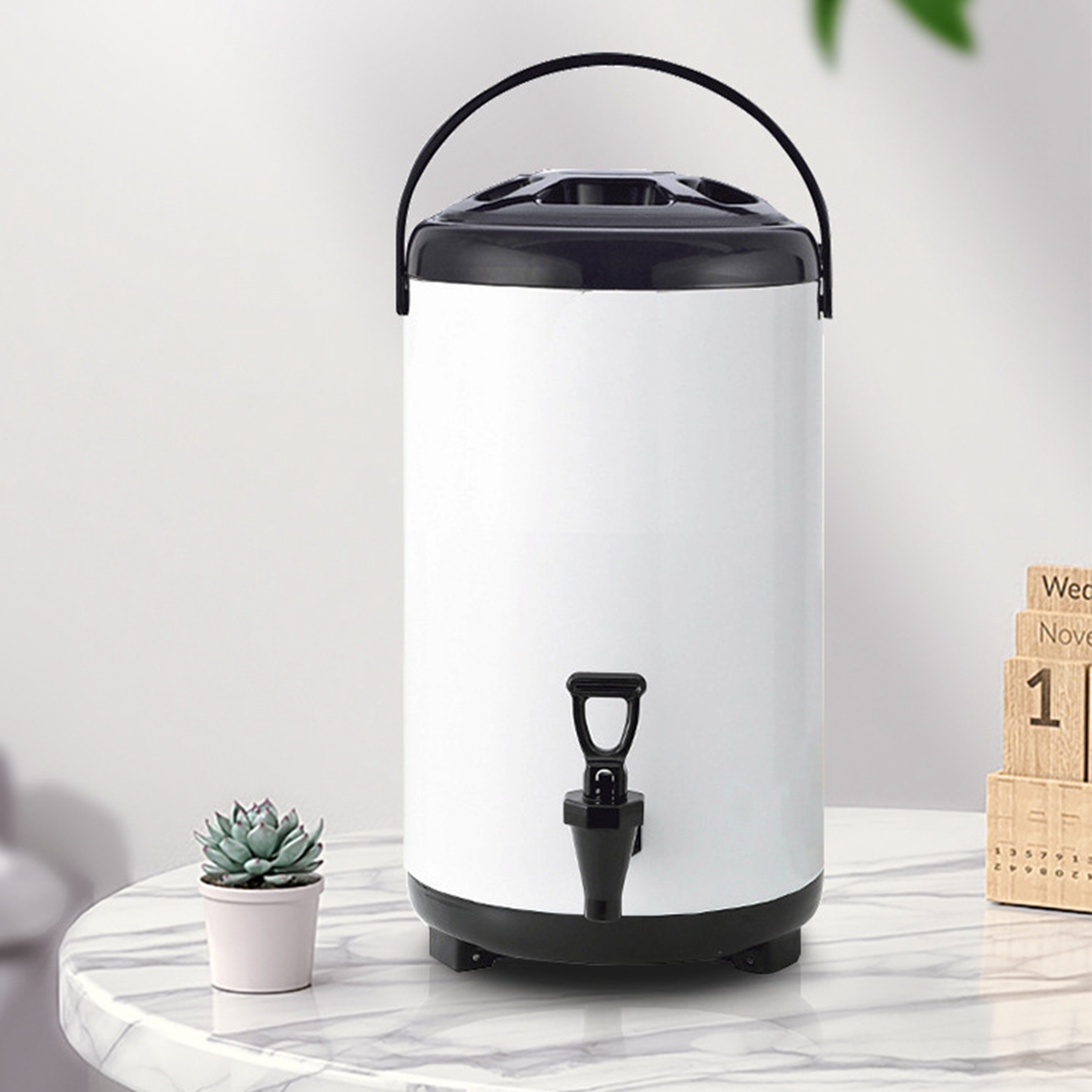 Isolierter Heiß- Und Kaltgetränkespender Aus Edelstahl Mit Zapfhahn, 8 L, Weiß, Ideal Für Milchtee.