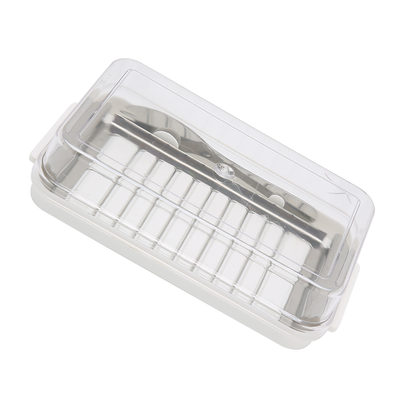Käseaufbewahrungsbox Mit Butterausstecher Aus Edelstahl, Transparentem Deckel, Weißem Boden, Küchenbehälter