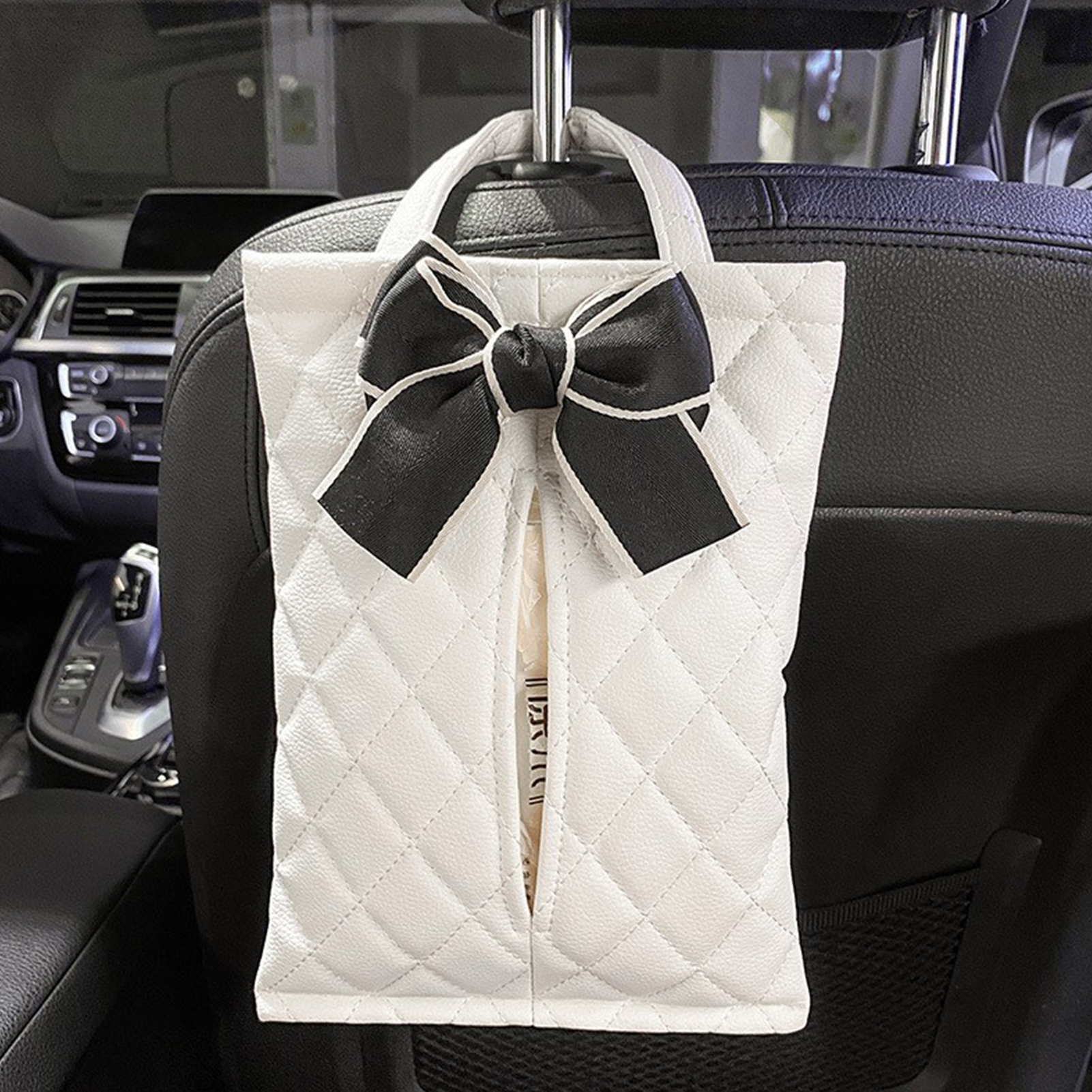 Hängende Taschentuchbox Fürs Auto, Hübsche Weiße Schleife, Wasserdicht, Praktisch Für Alle Fahrzeuge, Elegantes Papieretui.