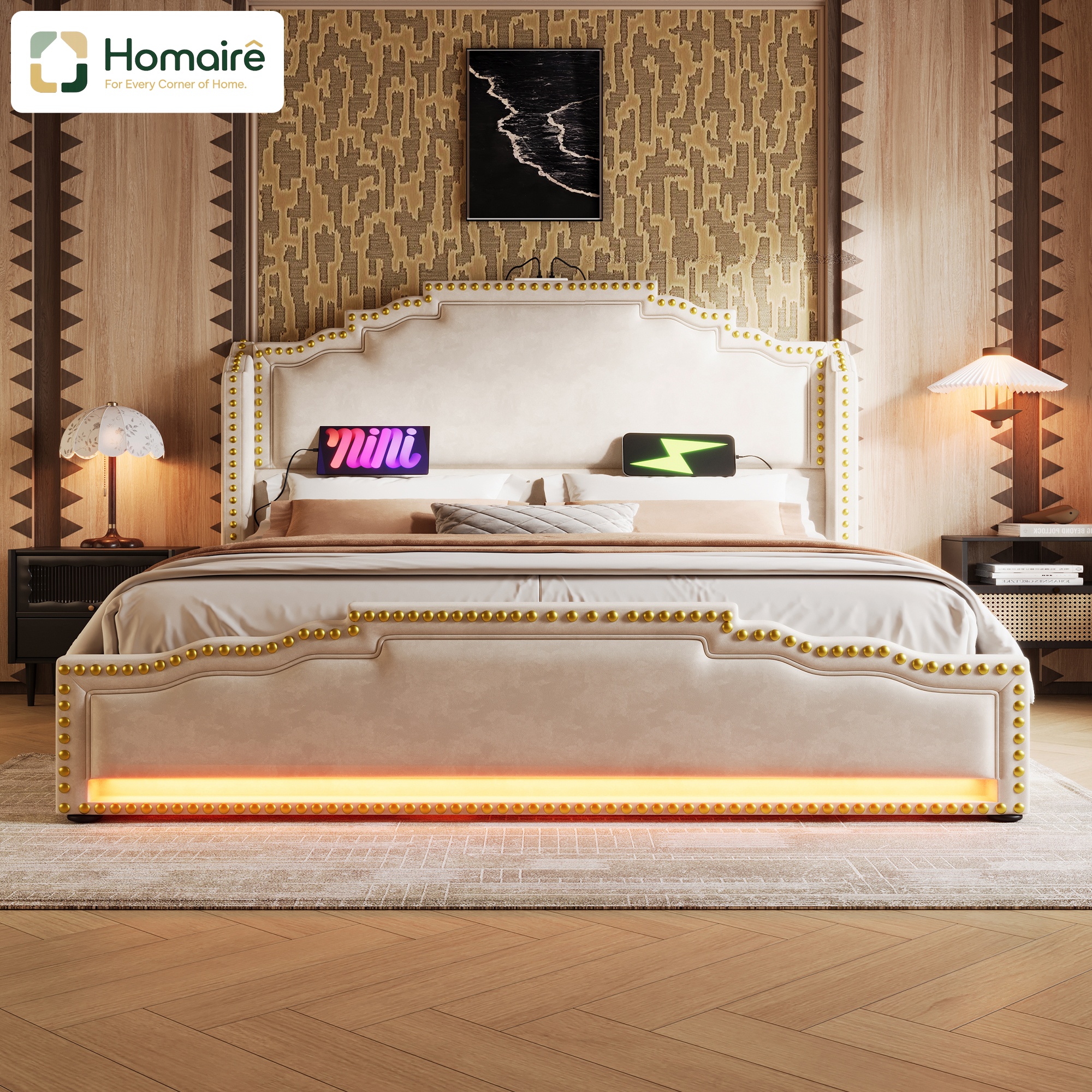 Bettgestell Aus Polyester 214 X 189 X 120 Cm Beige Velours Mit Stauraum Usb-port Homaire