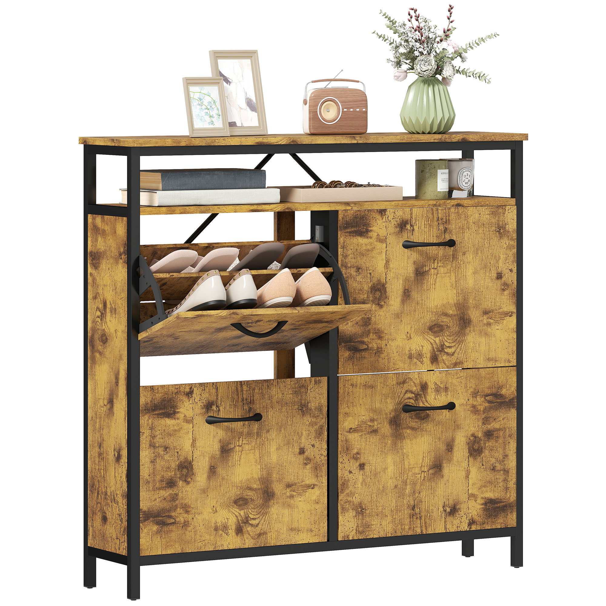 Schuhschrank Mit Klappschubladen Und Offenem Regal Spanplatte Stahl Homaire 98x24x95 Cm - Rustikal-braun