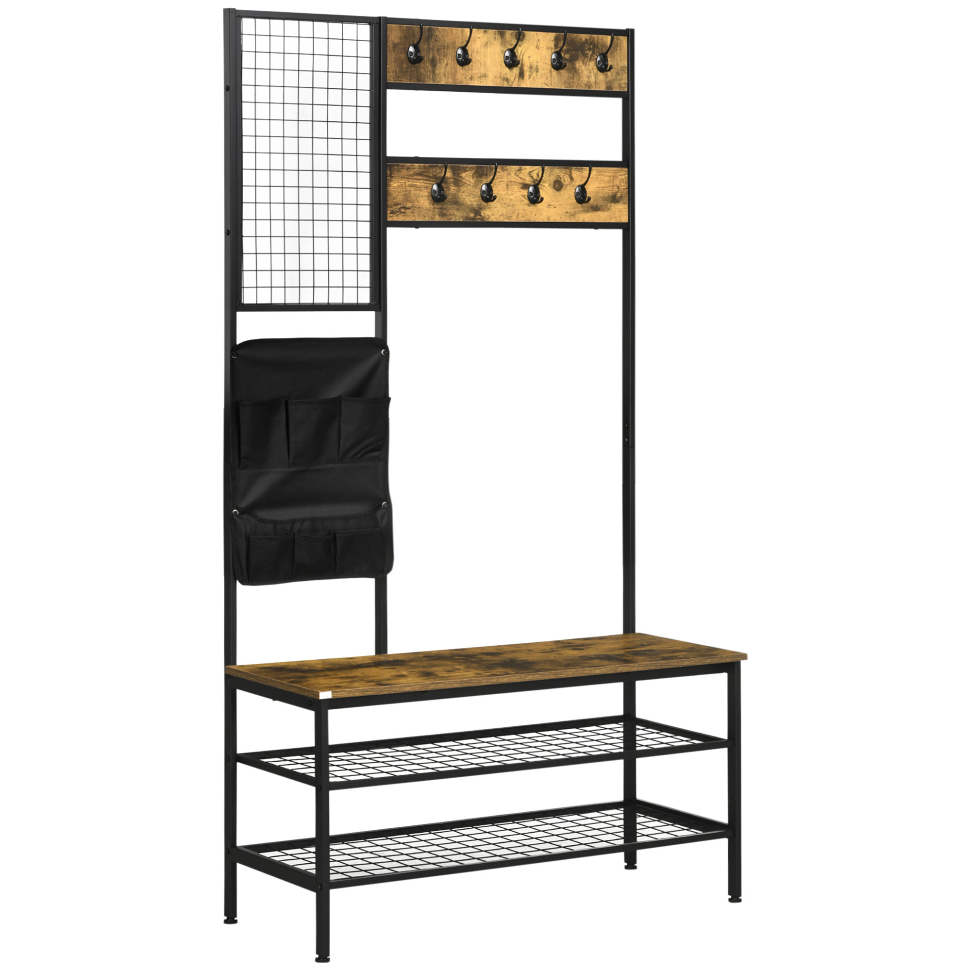 Garderobe Mit 9 Haken, Memoboard, Schuhablage Und Sitzbank Aus Spanplatte Und Stahl Homaire 100x40x185 Cm -