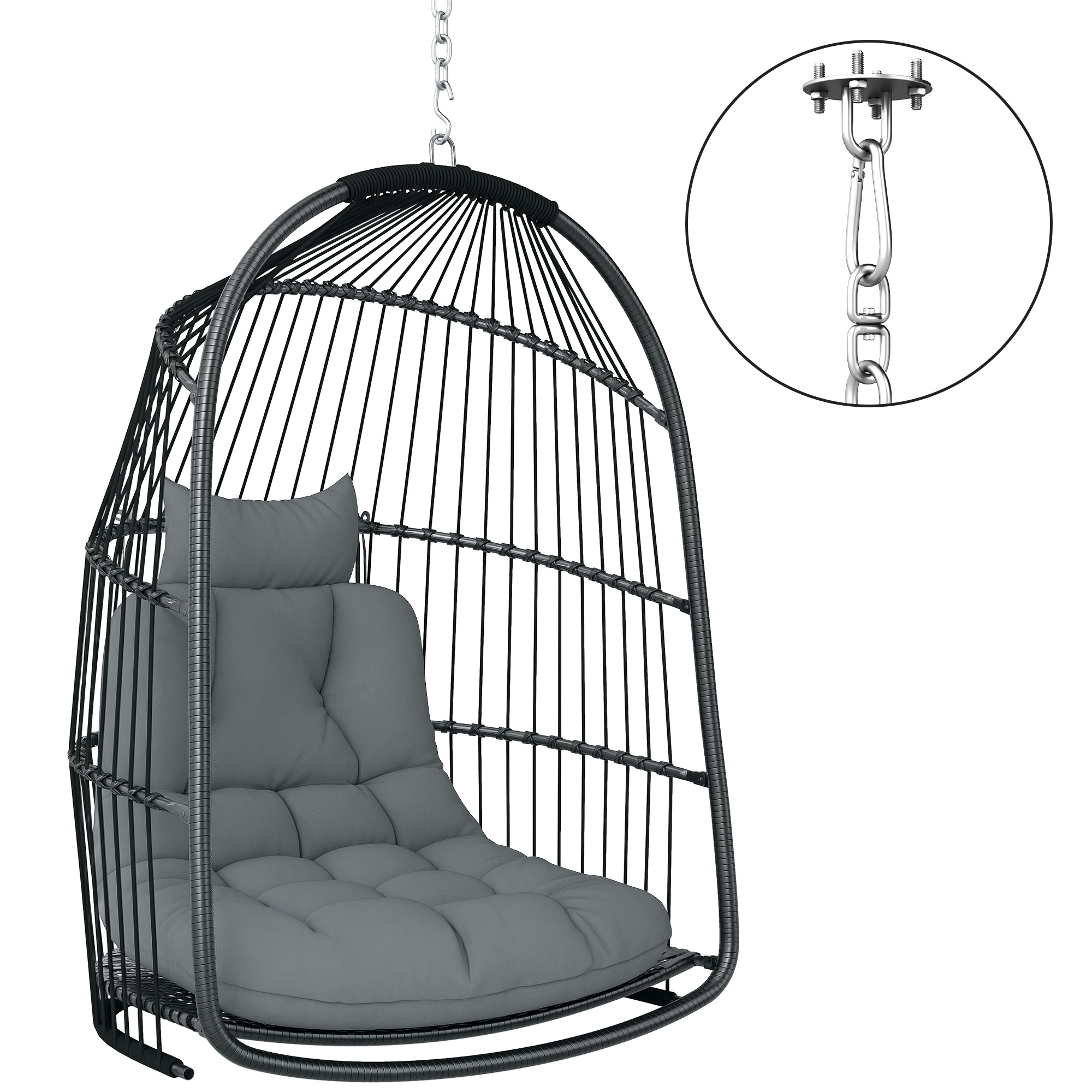 Geräumiger Rattan Hängesessel Mit Polster Und Stahlrahmen, Homaire, 74x68x105 Cm - Dunkelgrau