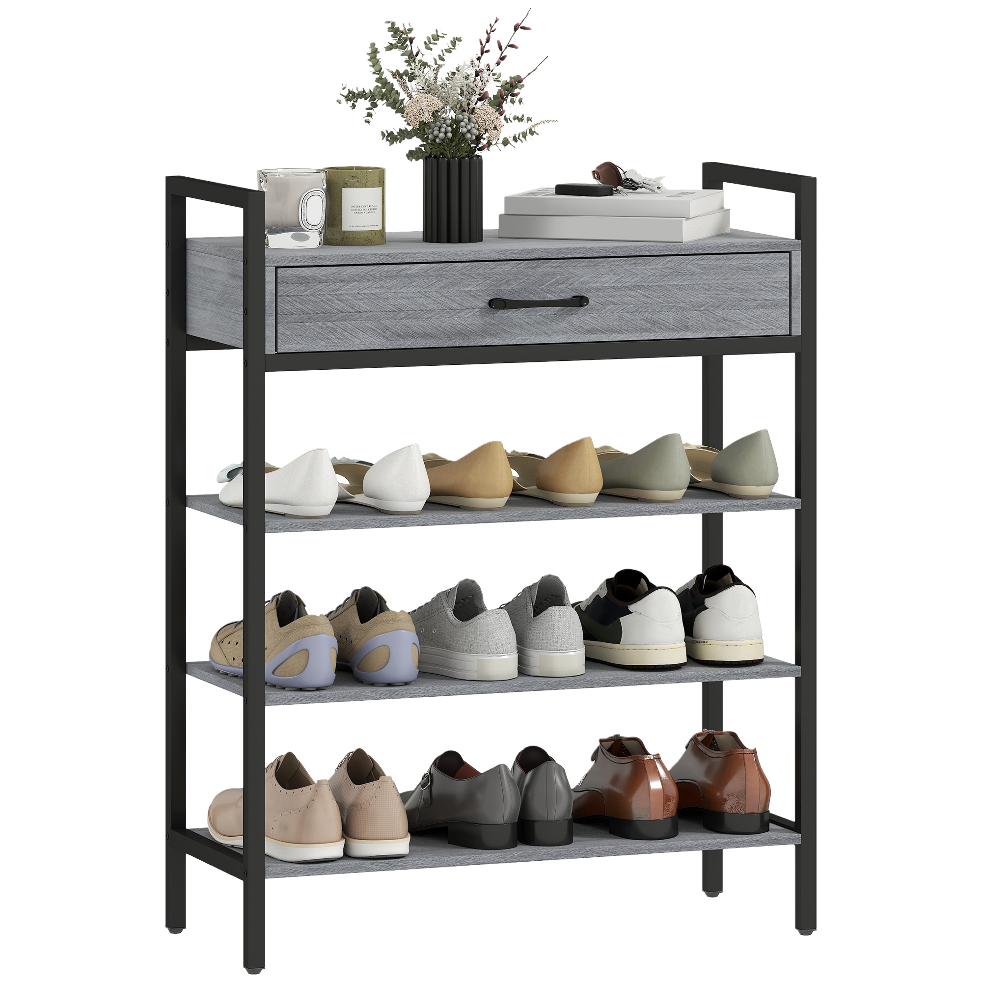 Geräumiges Schuhregal Mit 3 Ablagen, Schublade, Spanplatte, Metall, Homaire, 70x30x87,6 Cm - Grau