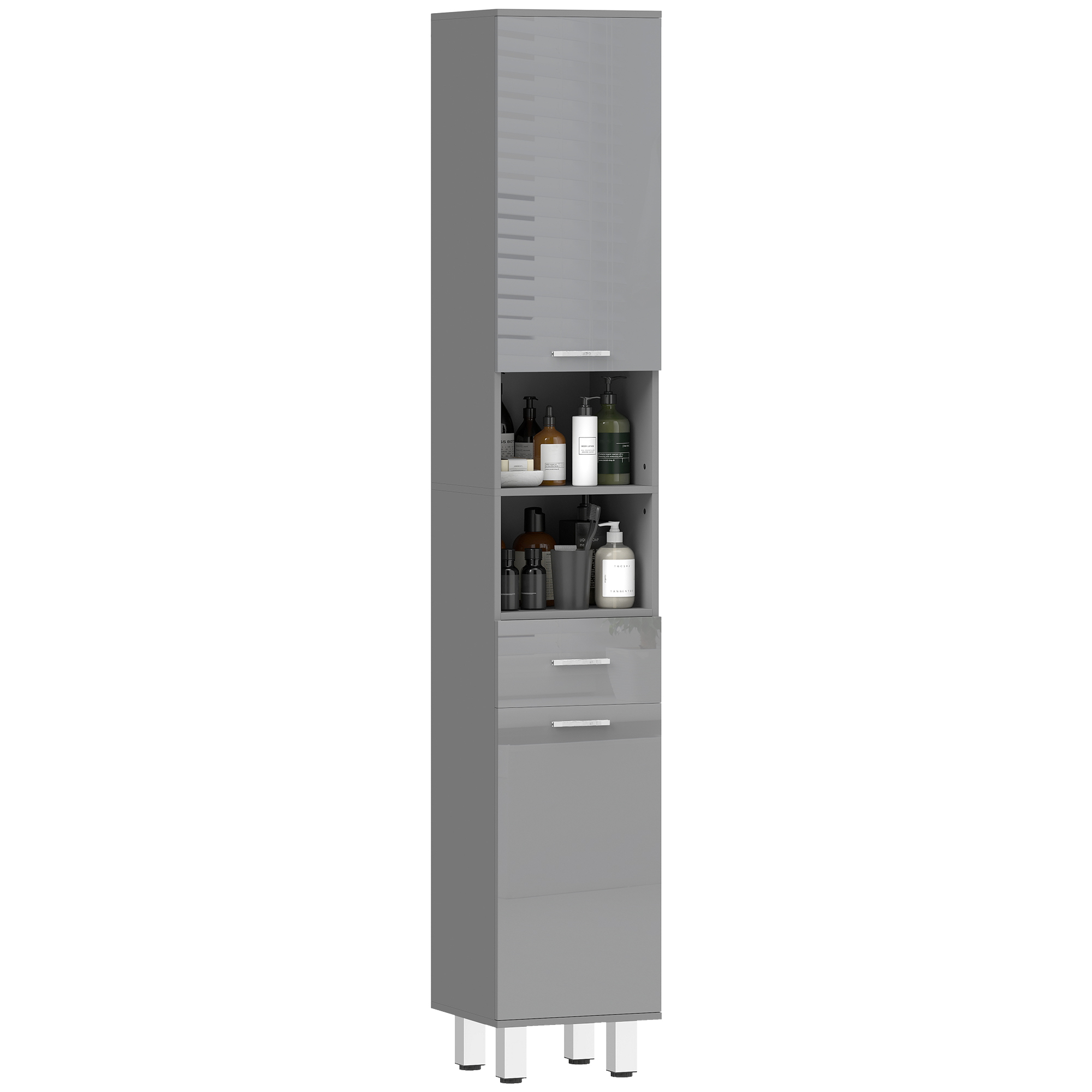 Homaire Badezimmerschrank Mit 2 Schränken, 2 Offene Fächer, Schublade, Verstellbare Regale, Spanplatte, 30x30x180 Cm