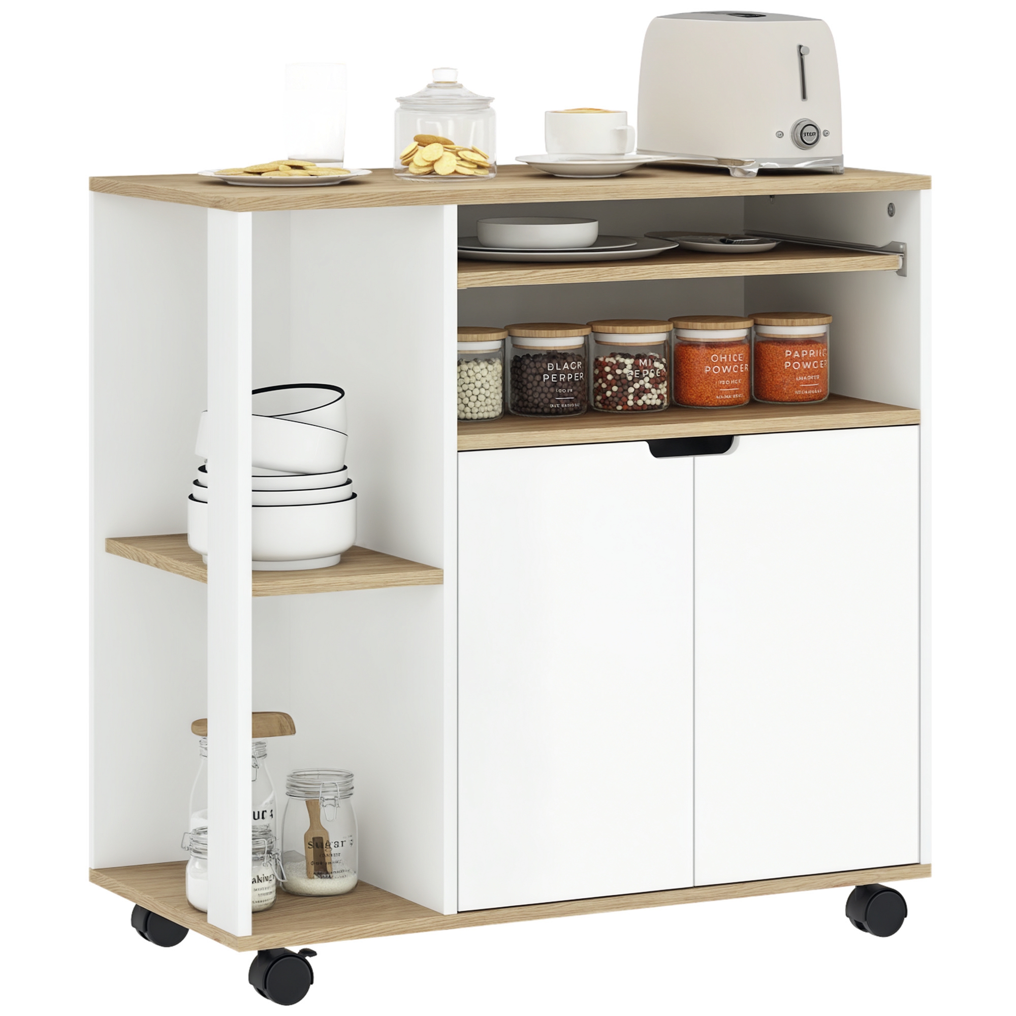 Servierwagen Mit Arbeitsplatte Und Schrank Aus Mdf Homaire 80x40x82 Cm - Naturholz+weiß