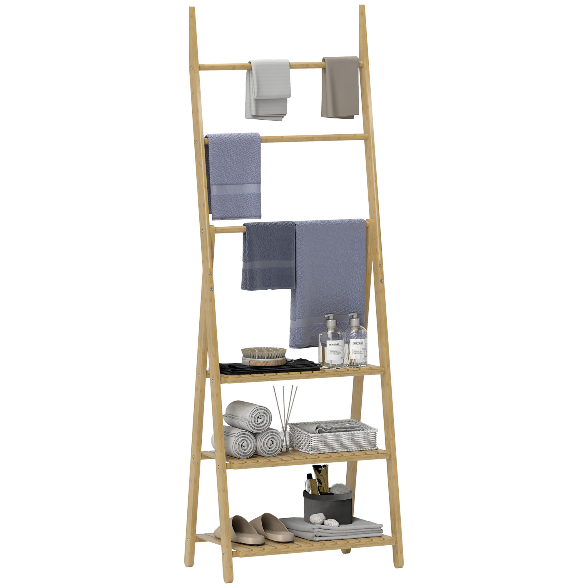 Badezimmerregal Mit Handtuchhaltern Dreistufig Bambus Homaire 53,5x30x153 Cm - Naturholz