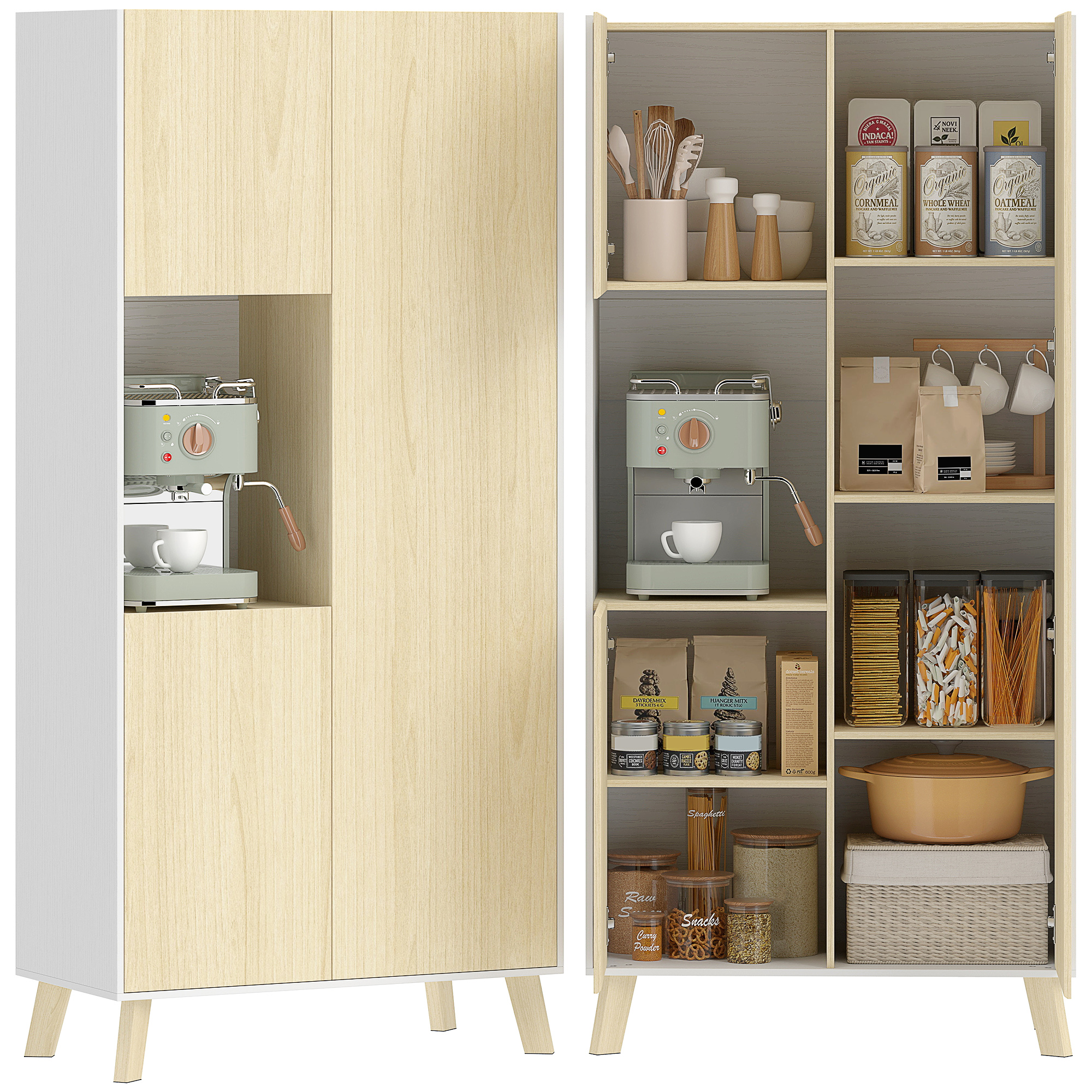 Homaire Küchenschrank Mit 8 Fächern, Zweifarbiges Design, Spanplatte Und Mdf, 80x40x170 Cm - Naturholz