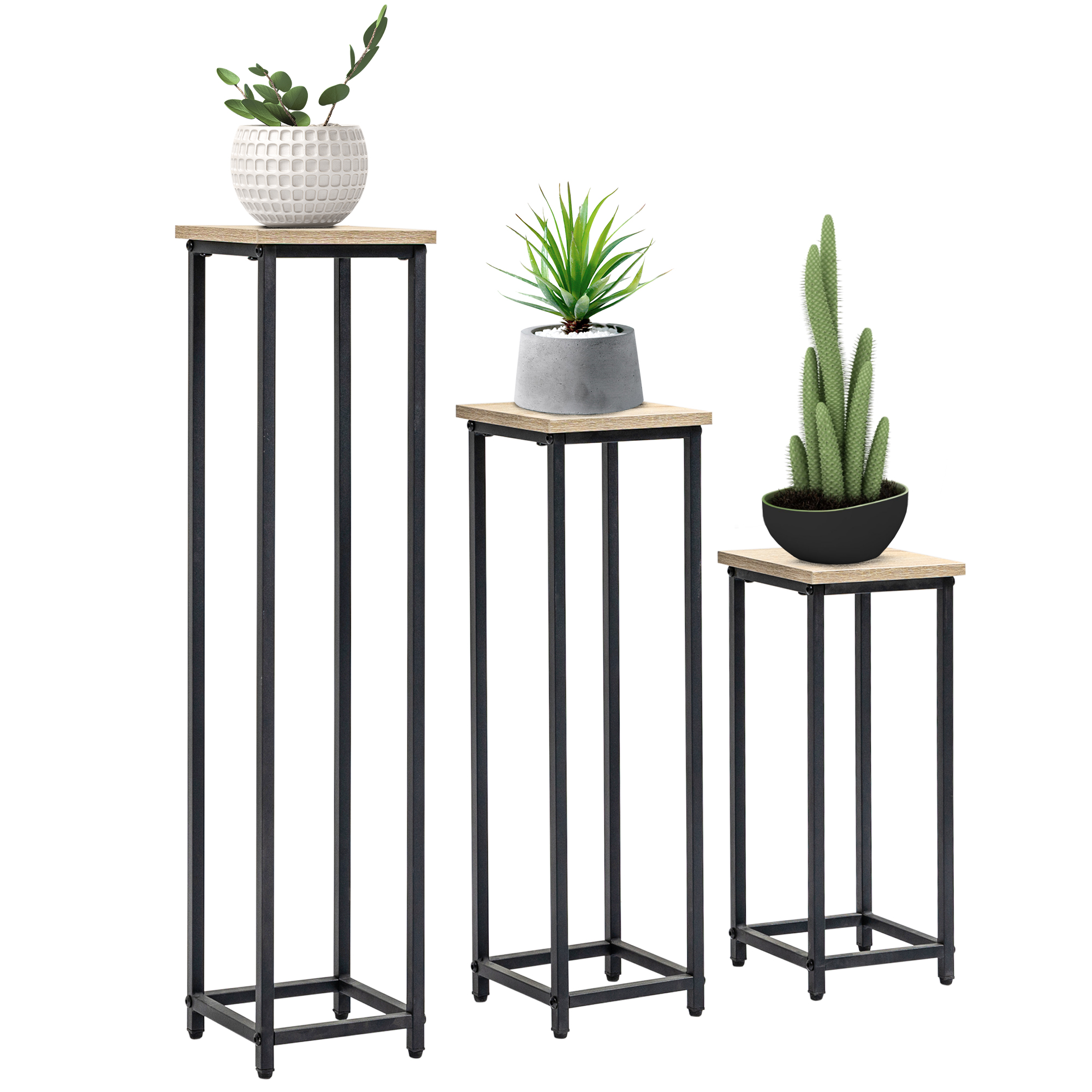 Pflanzenständer 3-teiliges Set Aus Stahl Und Spanplatte Homaire L21.0 X B21.0 X H90.0 Cm Schwarz+braun