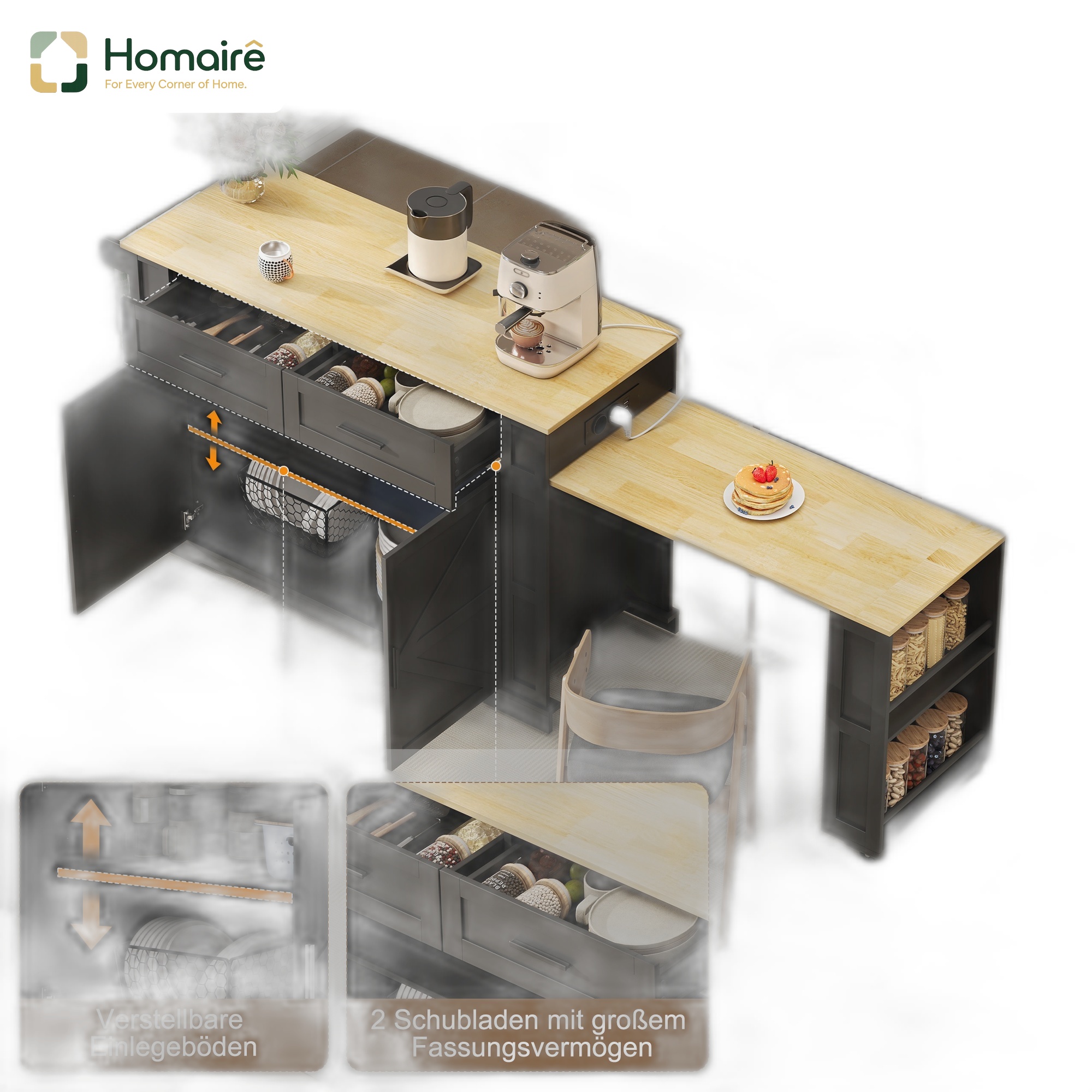 Küchenwagen Aus Mdf Schwarz Mit Stauraum Und Usb-anschluss 130 X 50 X 93 Cm Homaire