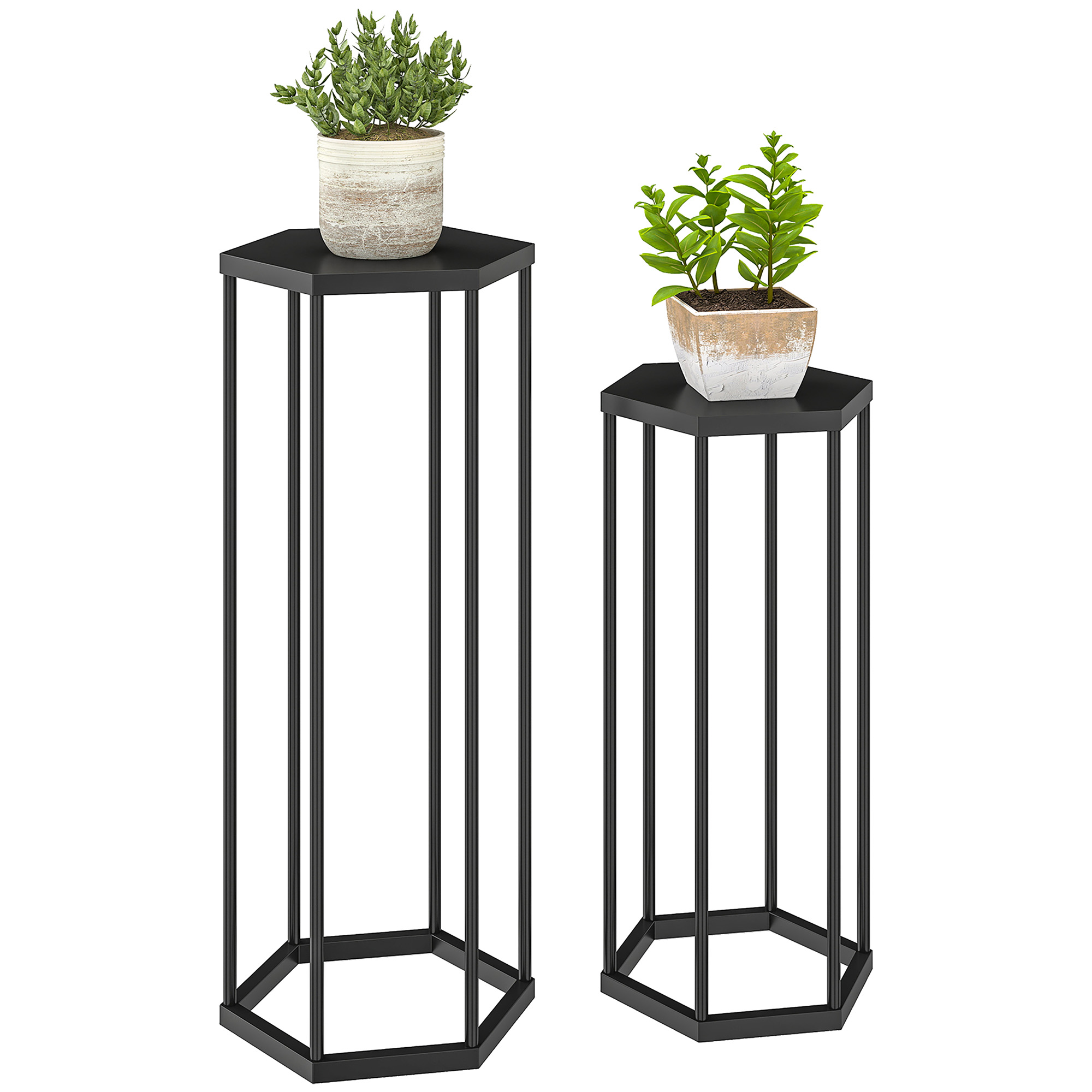 Zweiteiliges Pflanzenständer-set Aus Metall Homaire, 75 Cm Und 60 Cm, Hexagonale Struktur, Schwarz