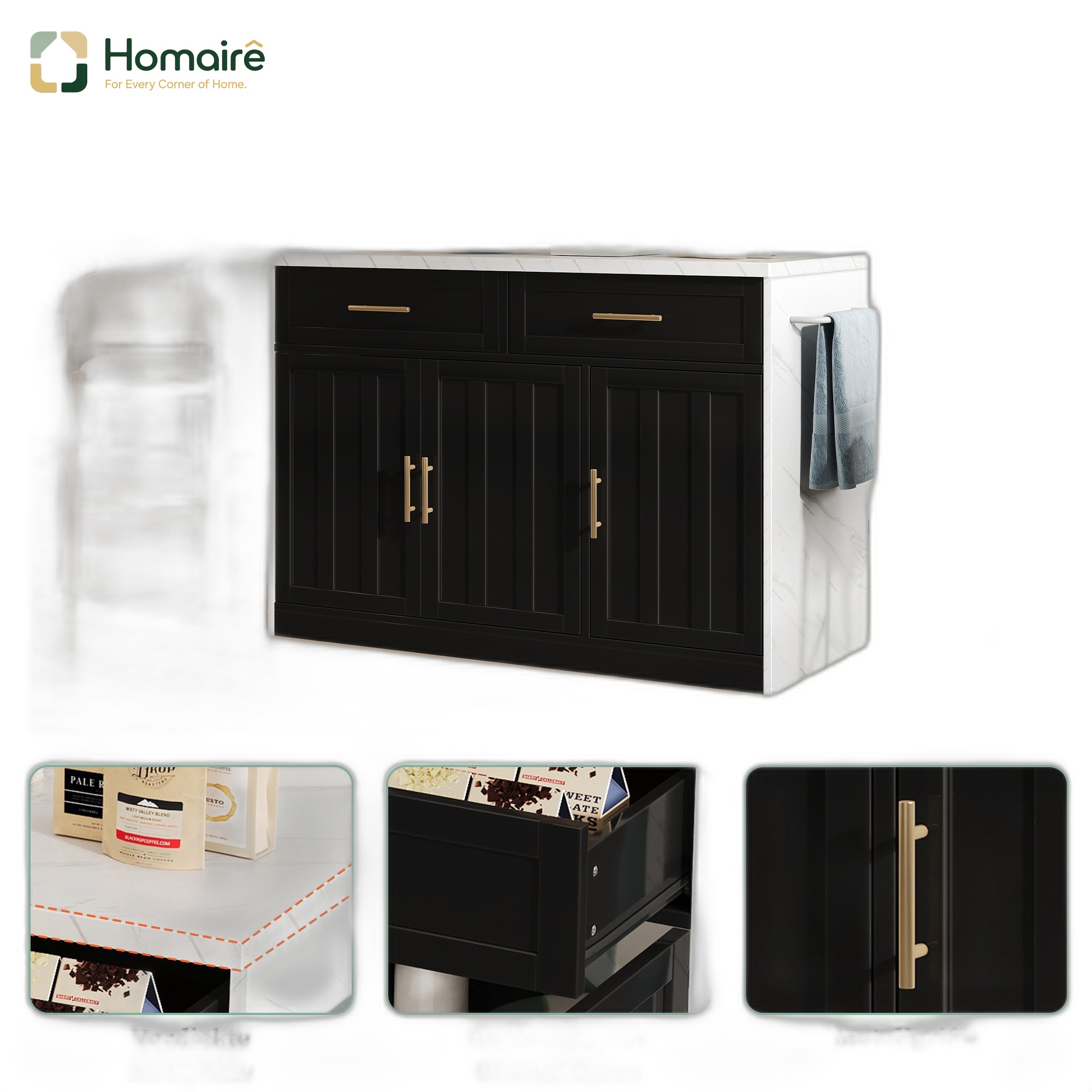 Küchenwagen Aus Mdf Schwarz Mit Stauraum Und Usb-anschluss 120 X 60 X 91 Cm Homaire