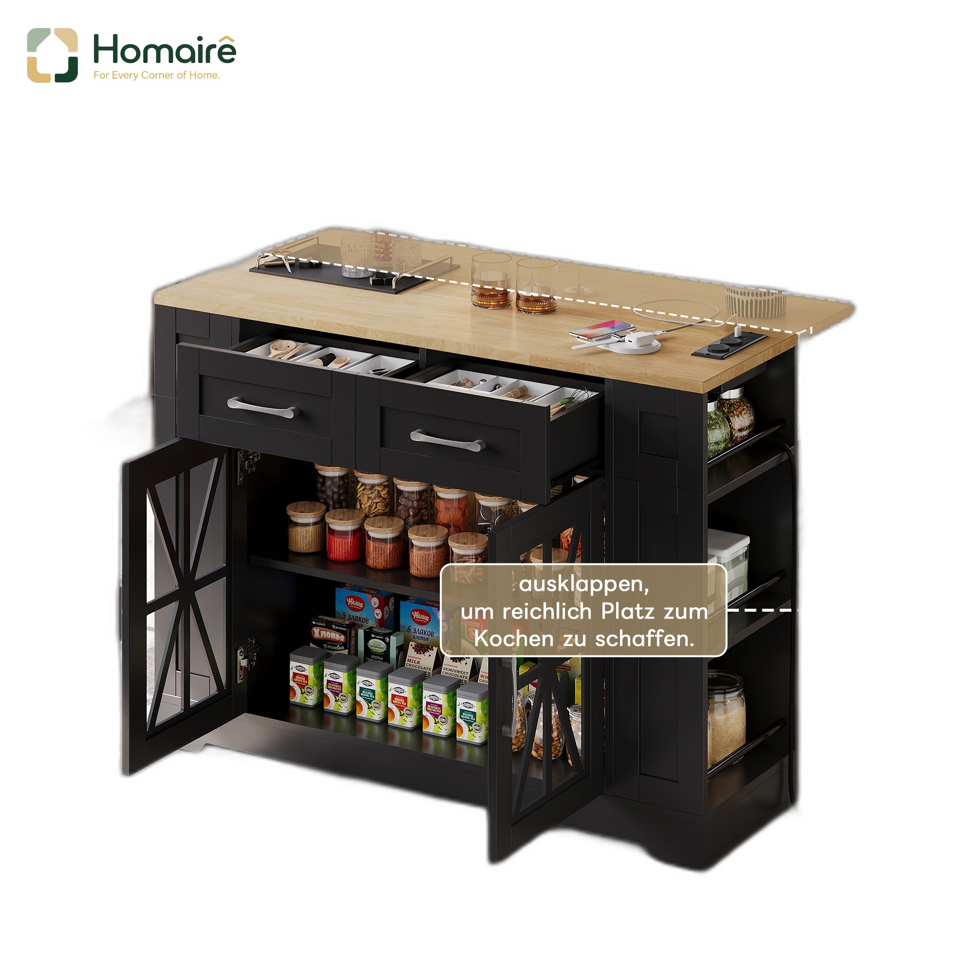 Küchenwagen Aus Mdf Schwarz Mit Usb-anschluss 120 X 65 X 92 Cm Homaire