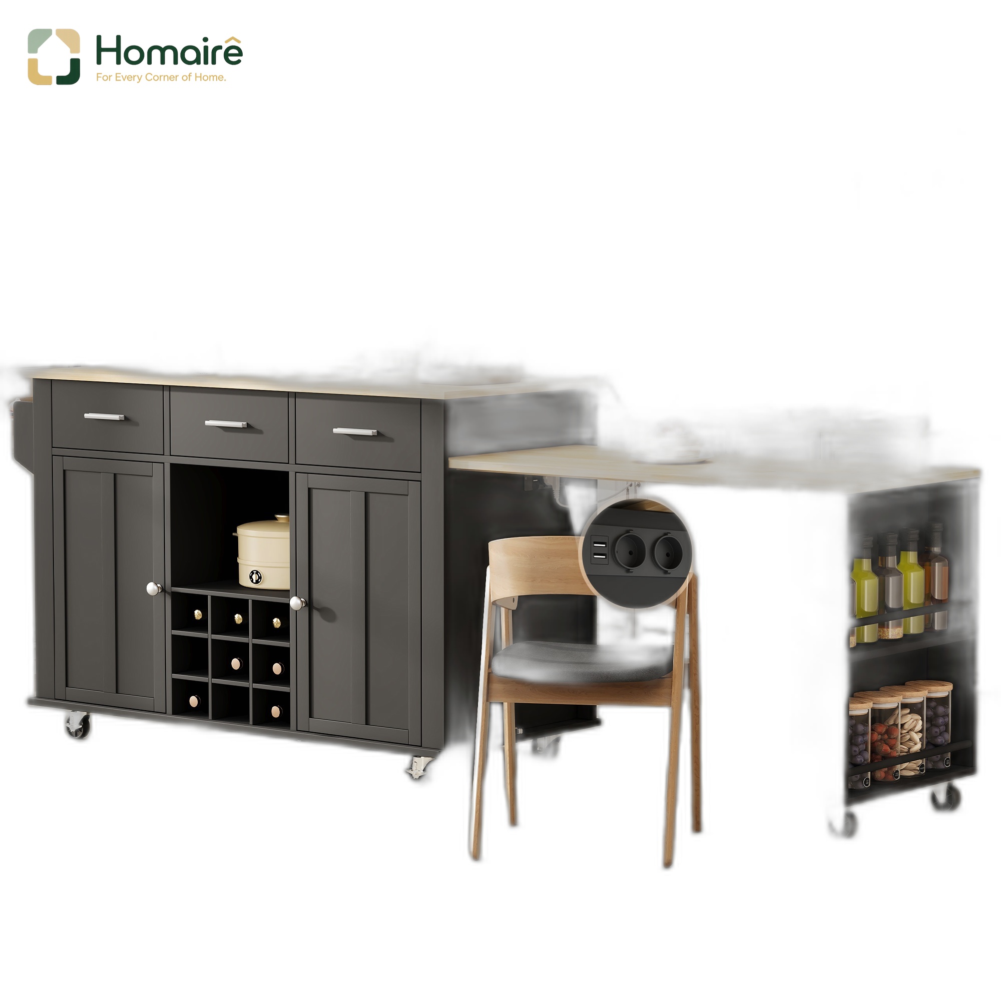 Küchenwagen Aus Mdf Schwarz Mit Stauraum Und Usb-anschluss 136 X 50 X 93 Cm Homaire