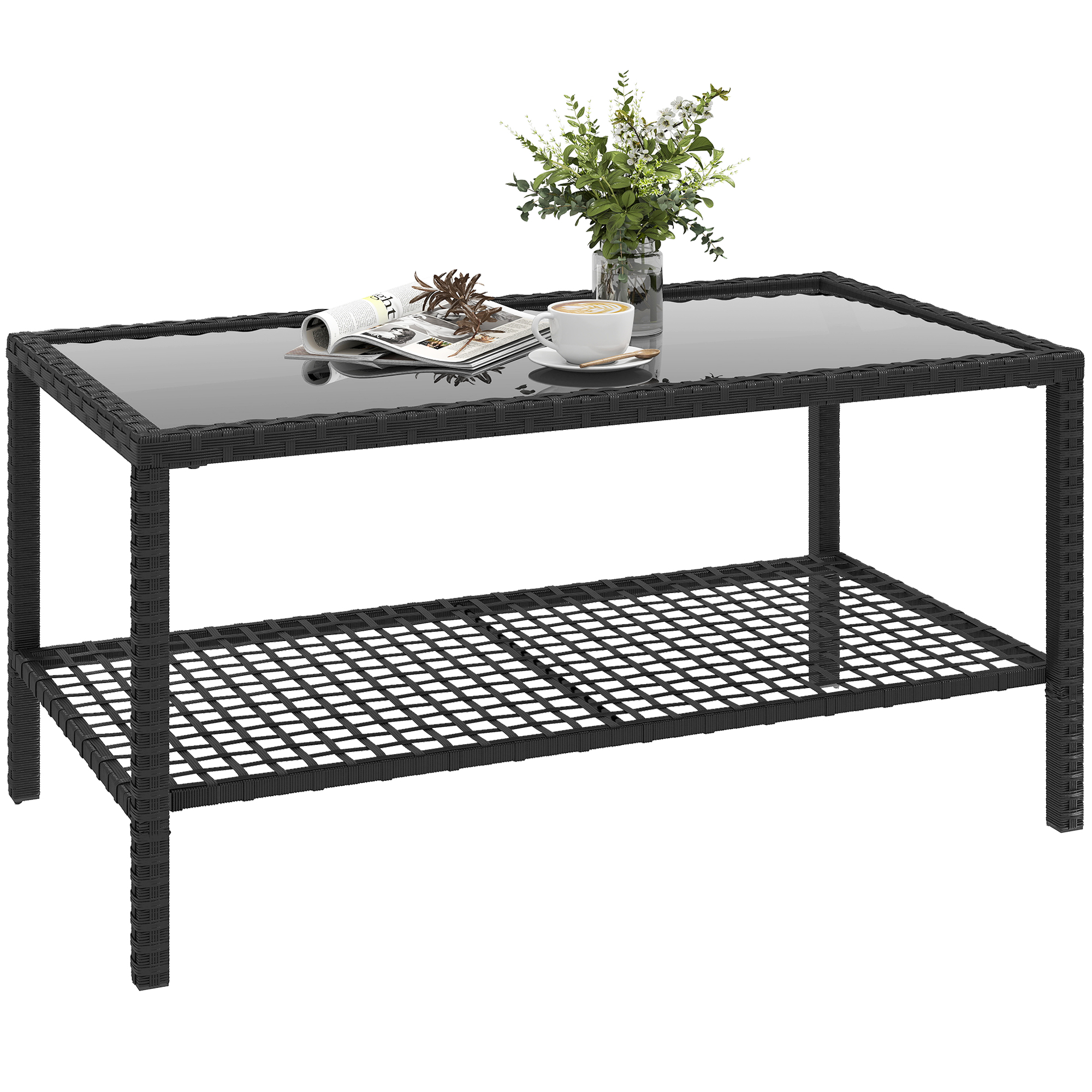 Rattan Beistelltisch Mit Zweistufigem Stauraum, Glasplatte, Stahlrahmen, Homaire, 92x50x45 Cm - Schwarz
