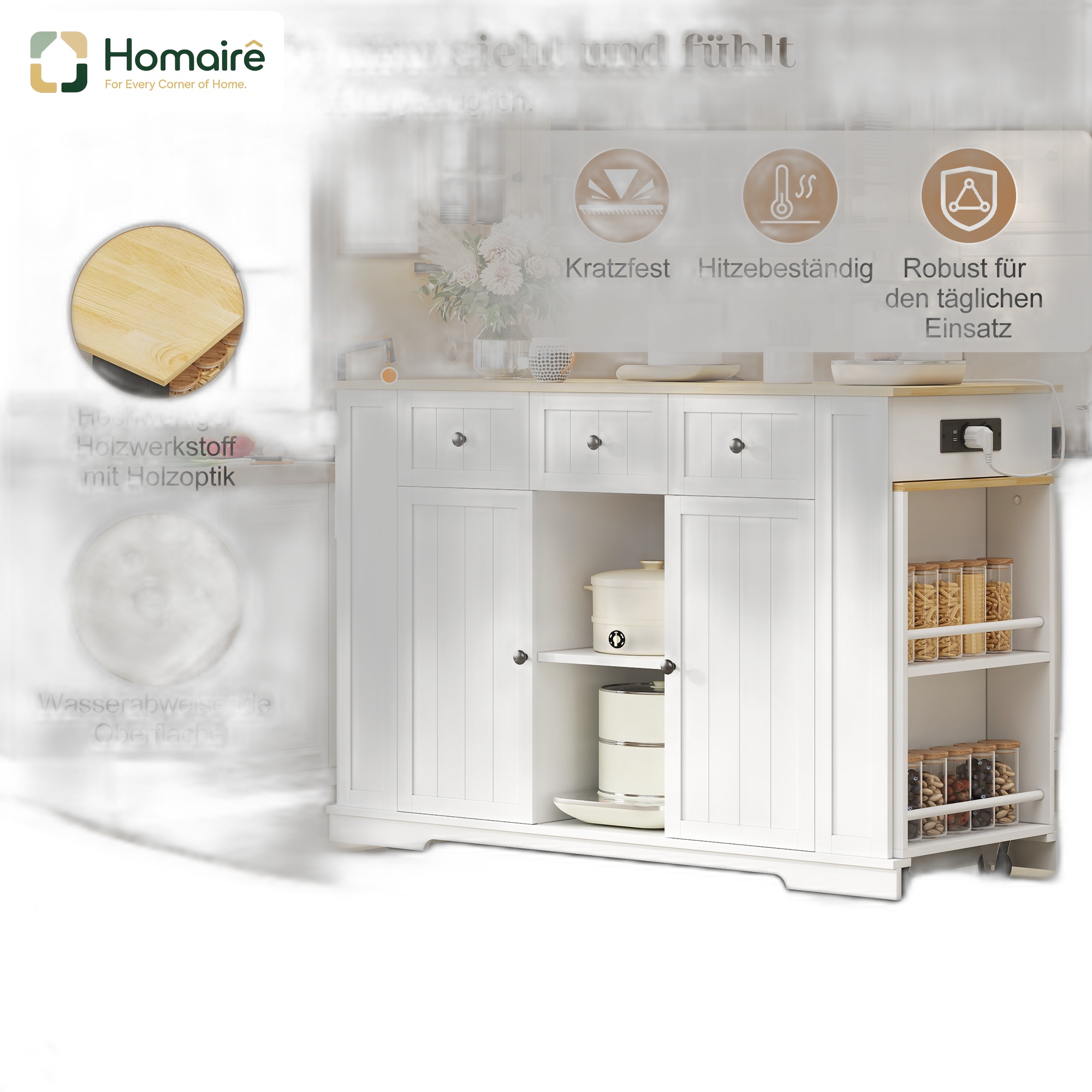 Küchenwagen Aus Mdf Weiß Mit Usb-anschluss 138 X 55 X 93 Cm Homaire