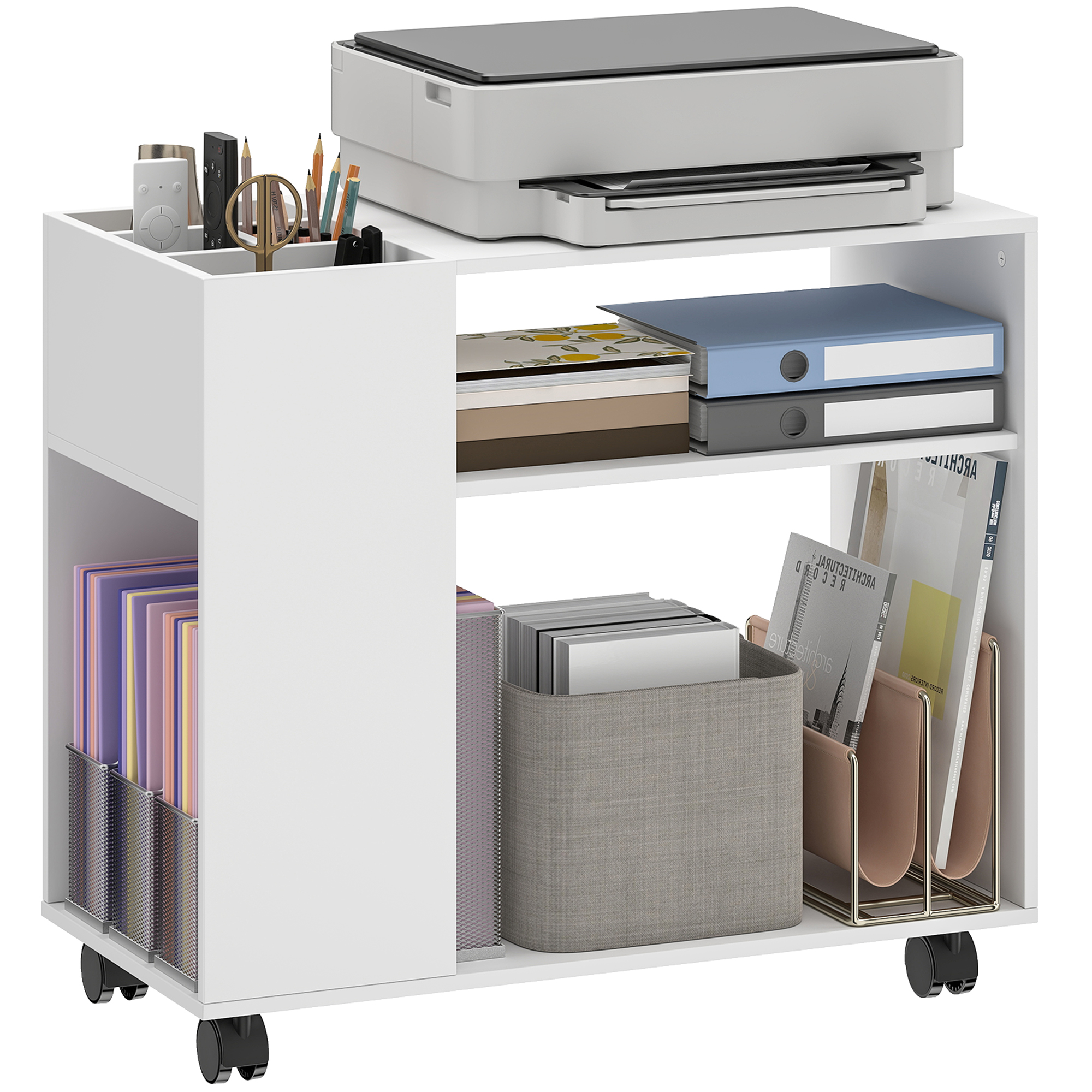 Druckertisch Mit Stauraum, Verstellbarem Trennwand, Offenen Regalen, Spanplatte, Homaire, L70xb34xh60 Cm - Weiß